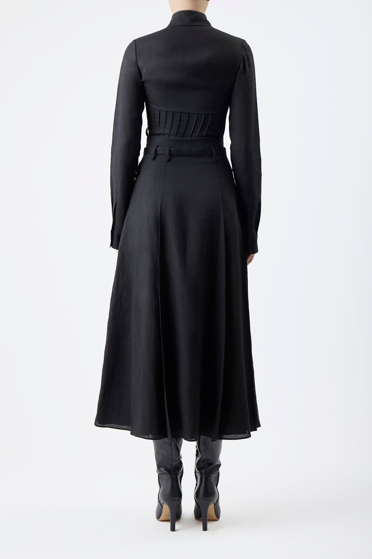 Dugald Pleated Skirt in Black Aloe Linen - 3