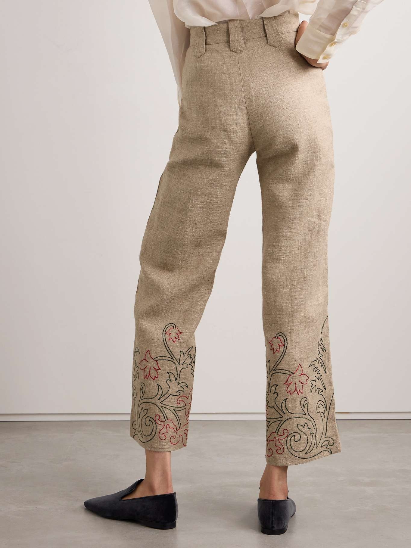 Embroidered linen wide-leg pants - 4