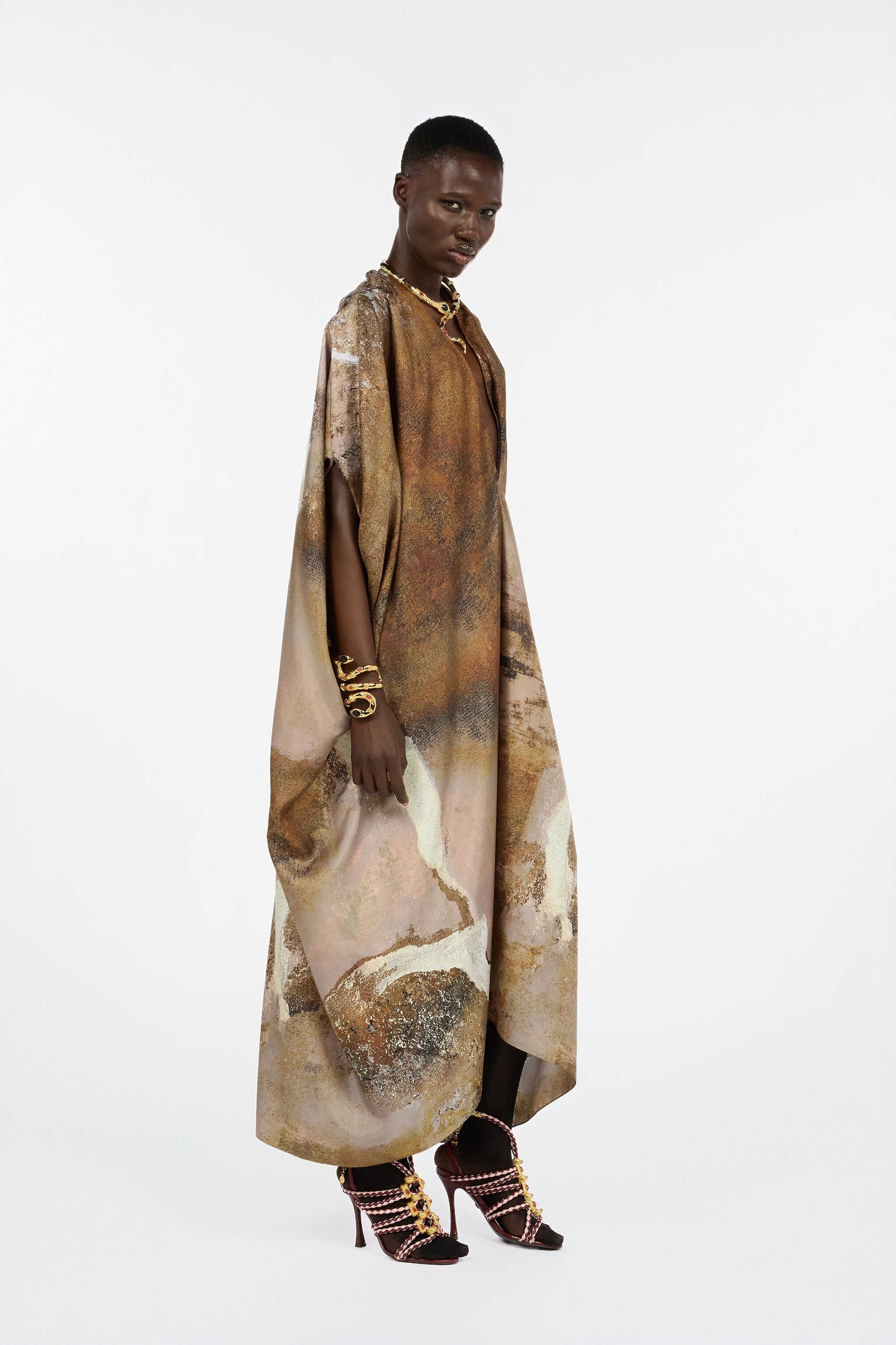 Beige Silk Caftan with Marble Print - 3