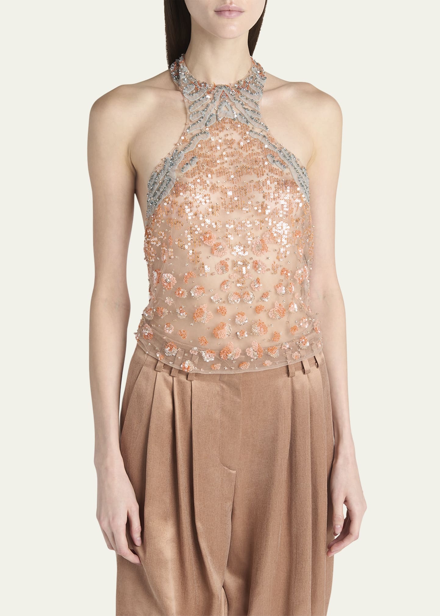 Halter Sequined Semi-Sheer Blouse - 4
