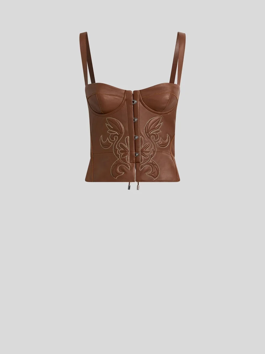 LEATHER CORSET TOP WITH TOPSTITCHED MOTIF - 1