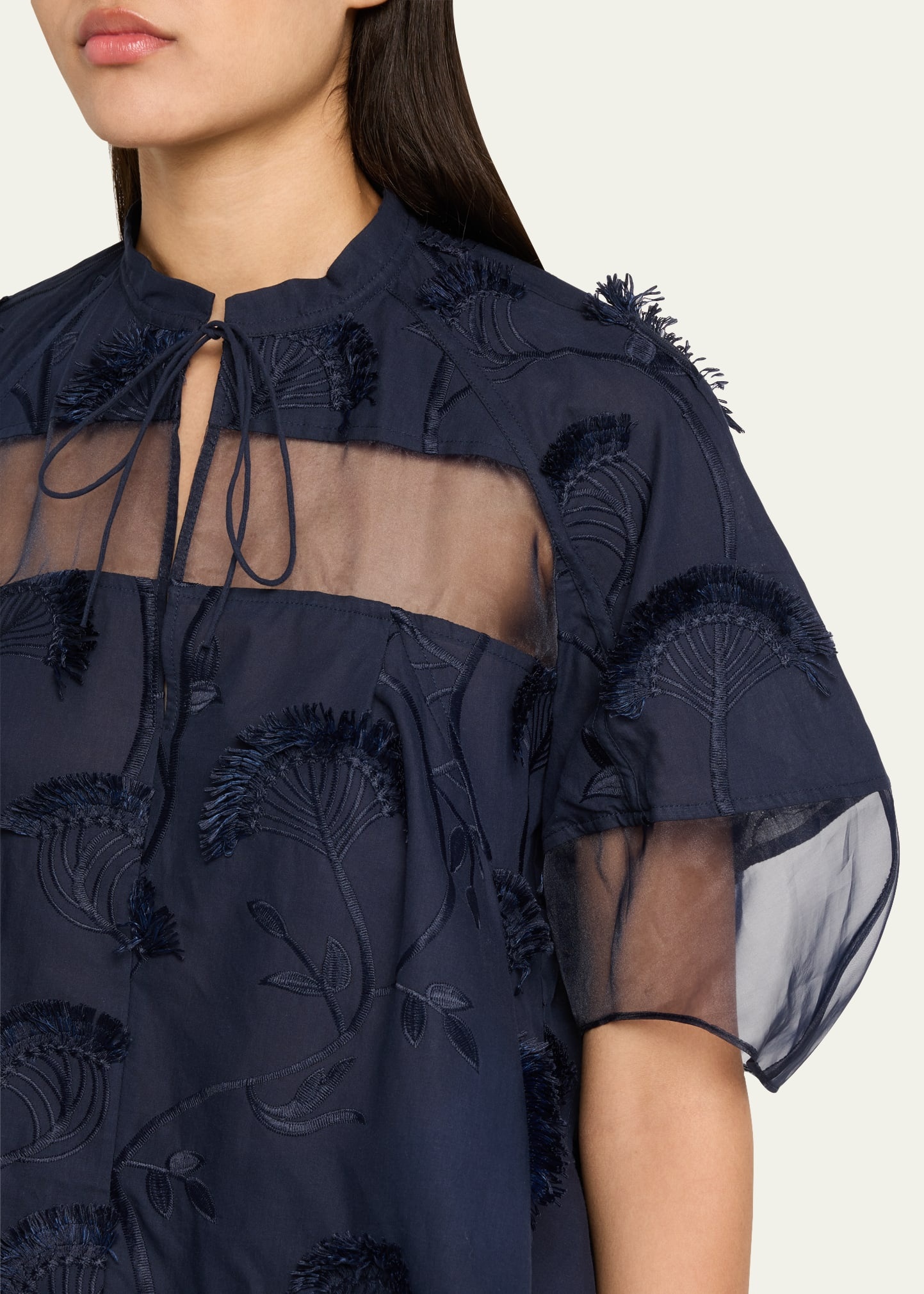 Short-Sleeve Embroidered Organza Flounce Top - 5