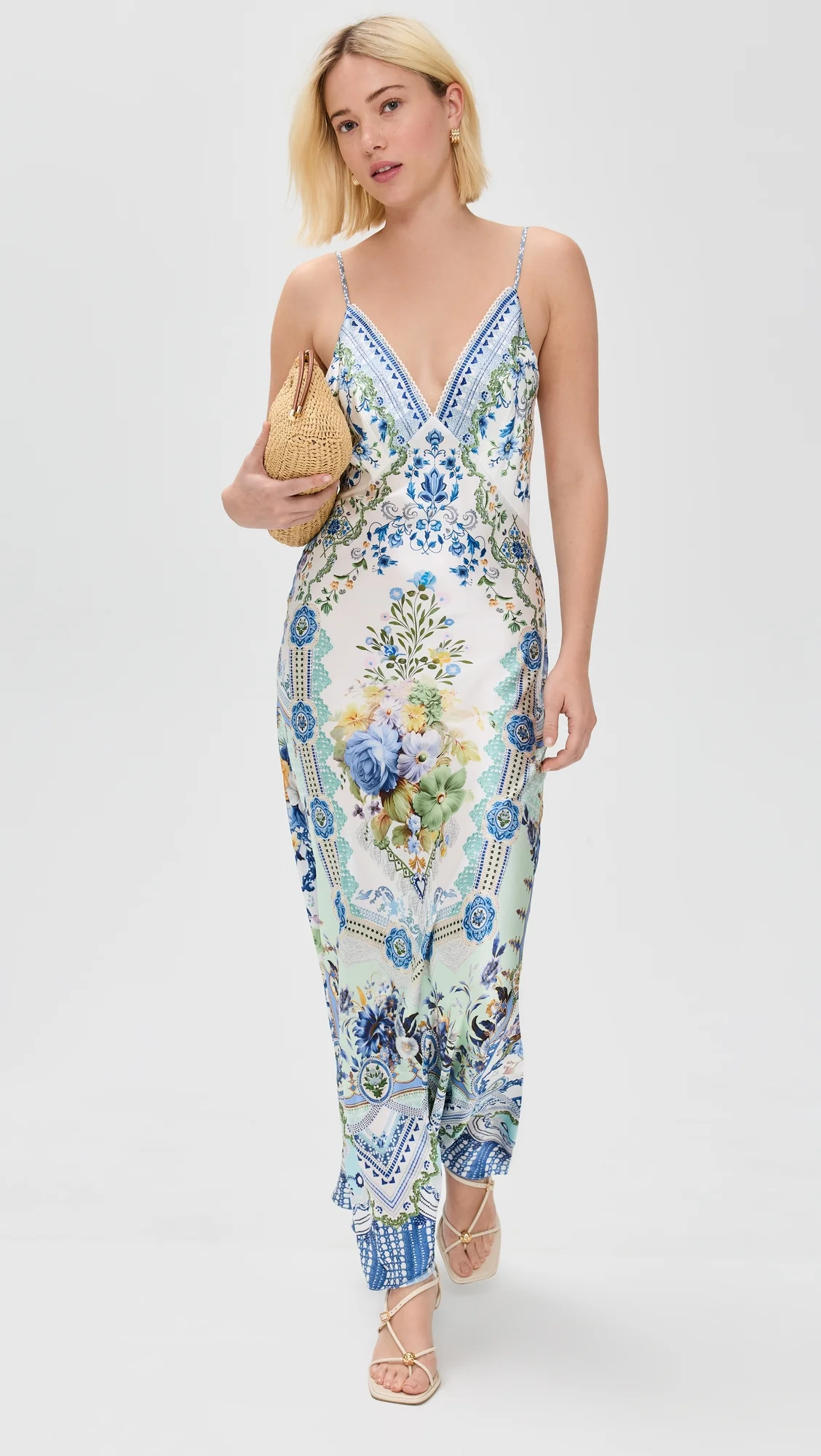 V Neck Full Length Bias Slip Dress - 1