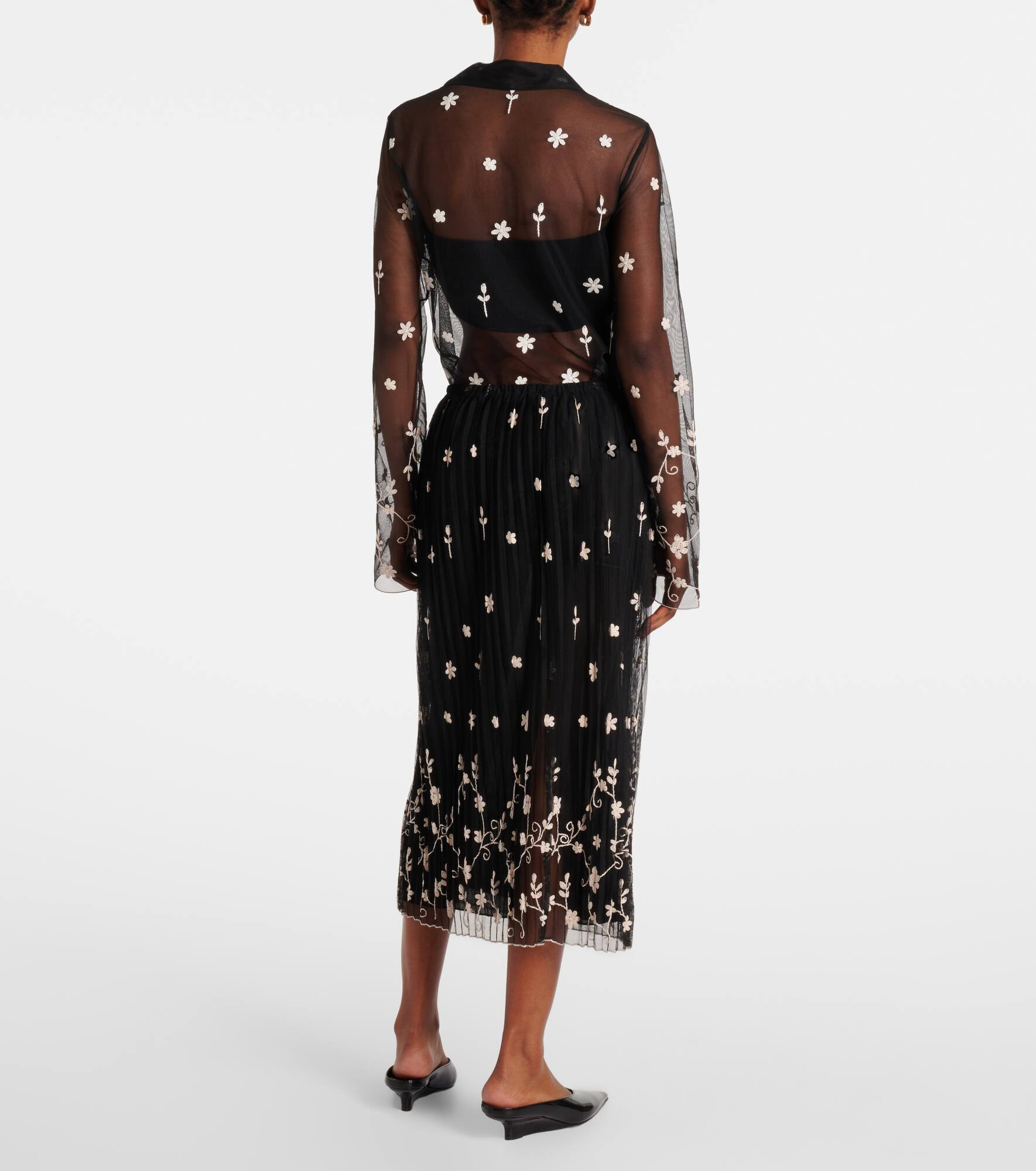 Embroidered plissé tulle midi skirt - 3