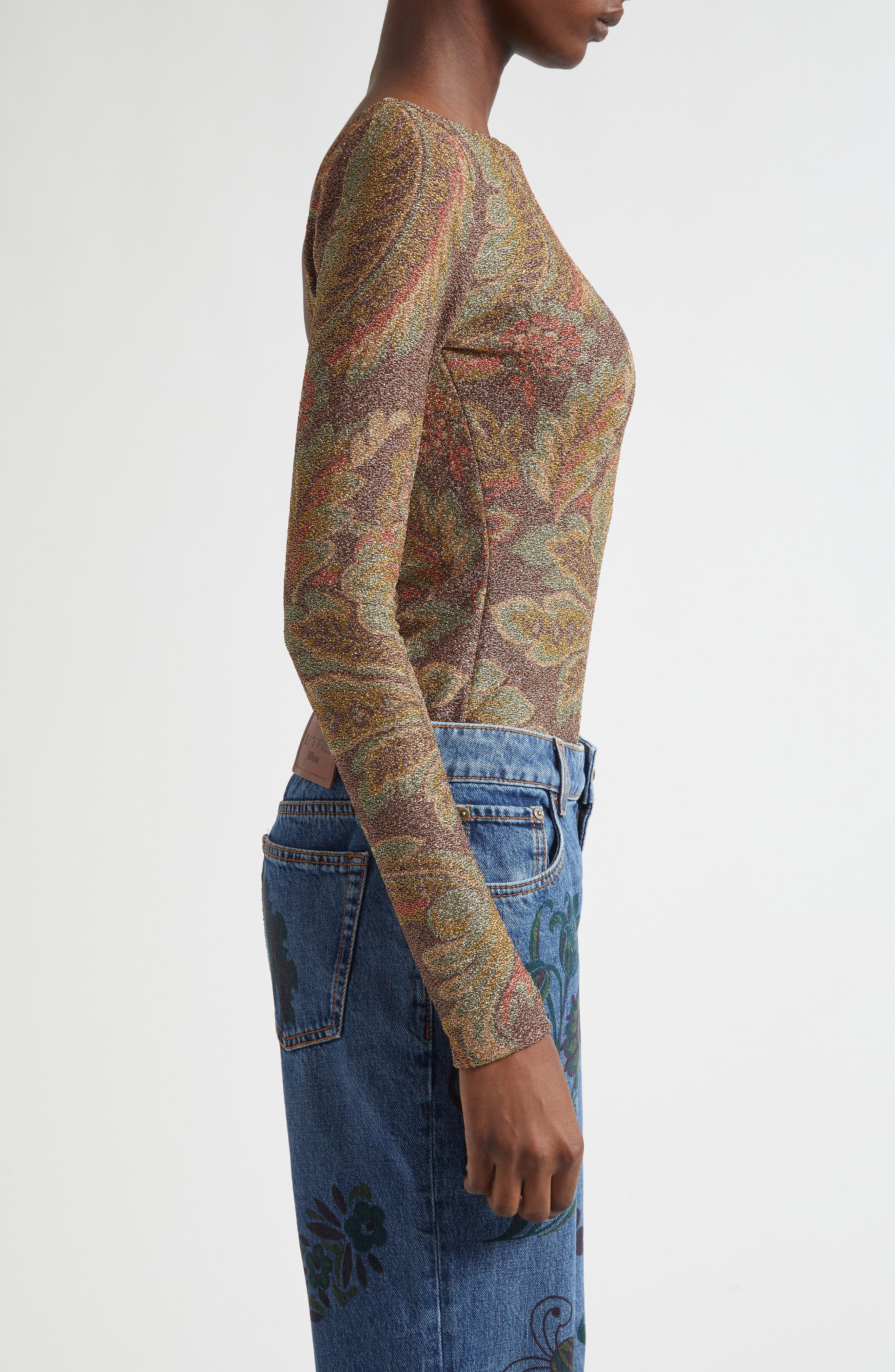 Etro Paisley Metallic Long Sleeve Top in Print On Black Base at Nordstrom - 4