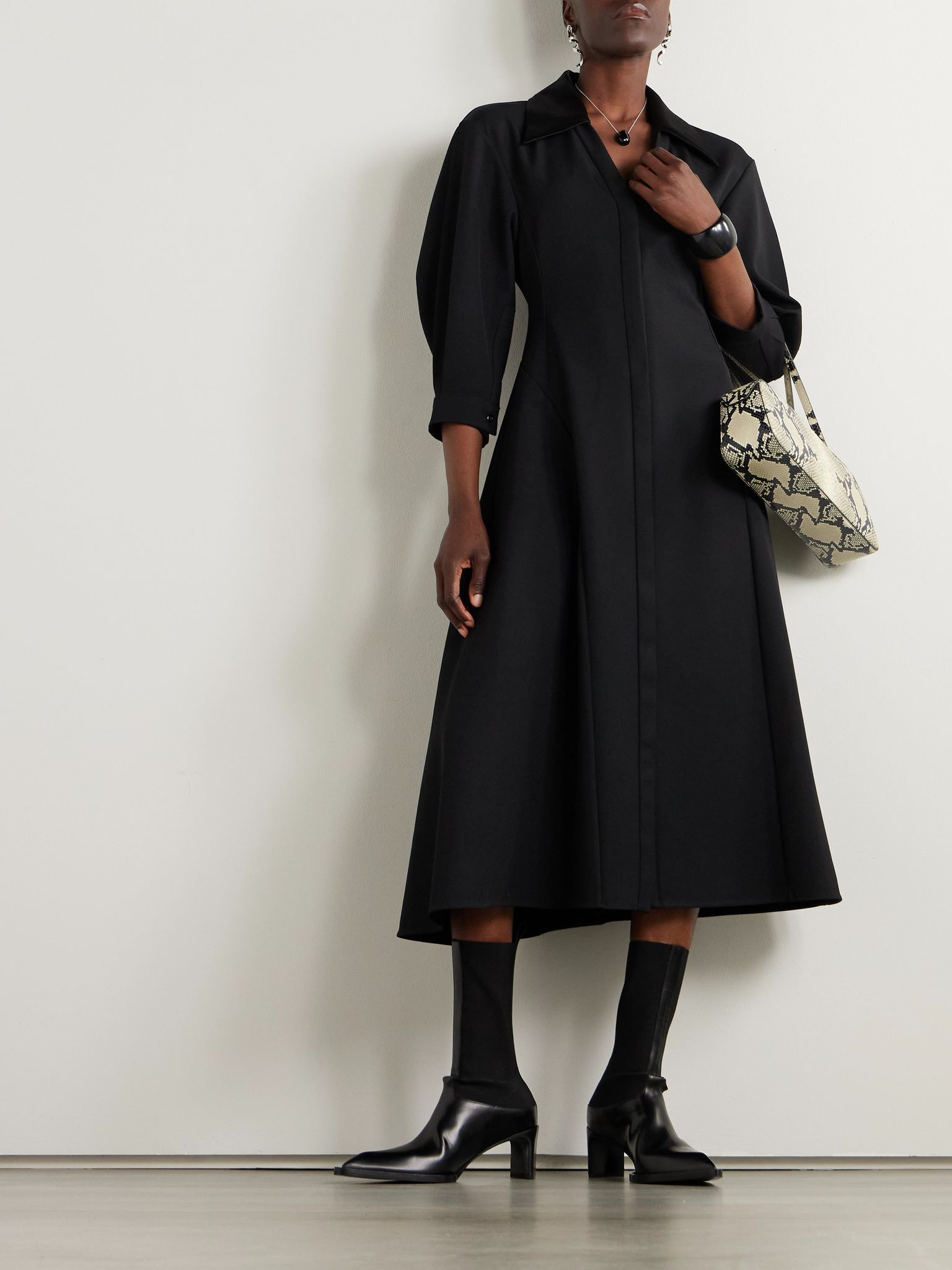 Asymmetric satin-trimmed wool-twill midi shirt dress Black - 2