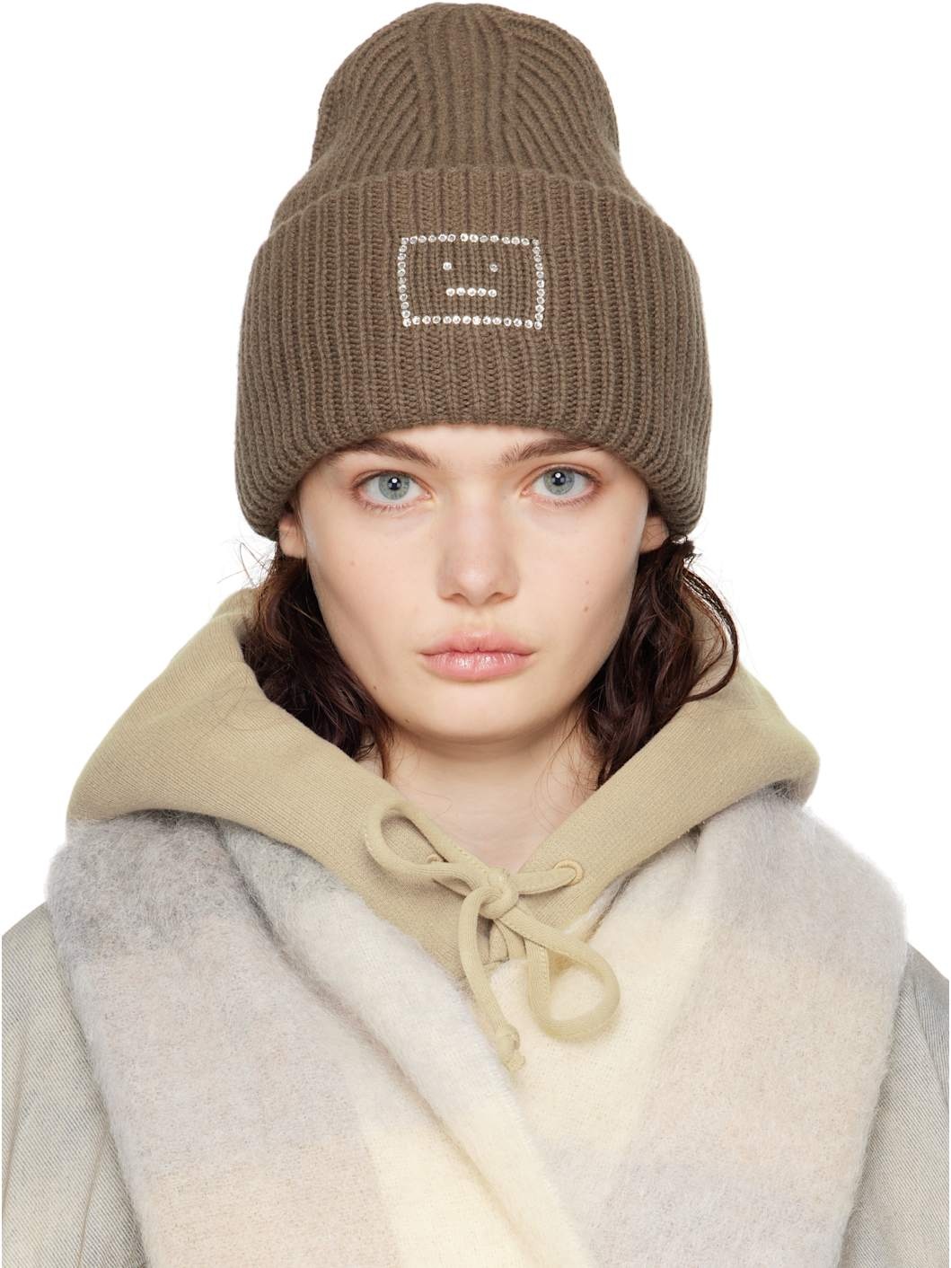 Khaki Embellished Face Logo Beanie - 1