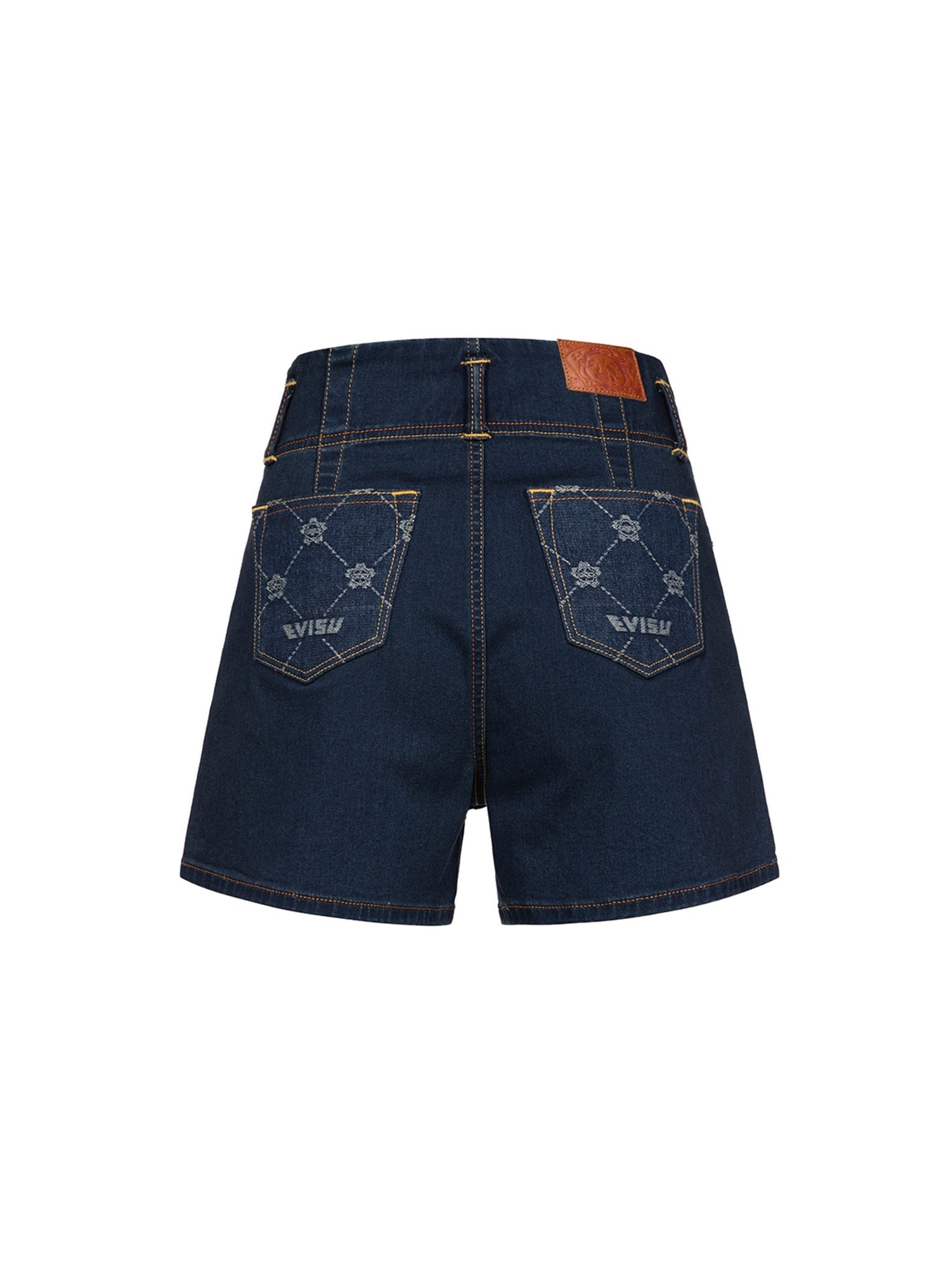 ALLOVER KAMON PATTERN POCKETS HIGH WAIST DENIM SHORTS - 14