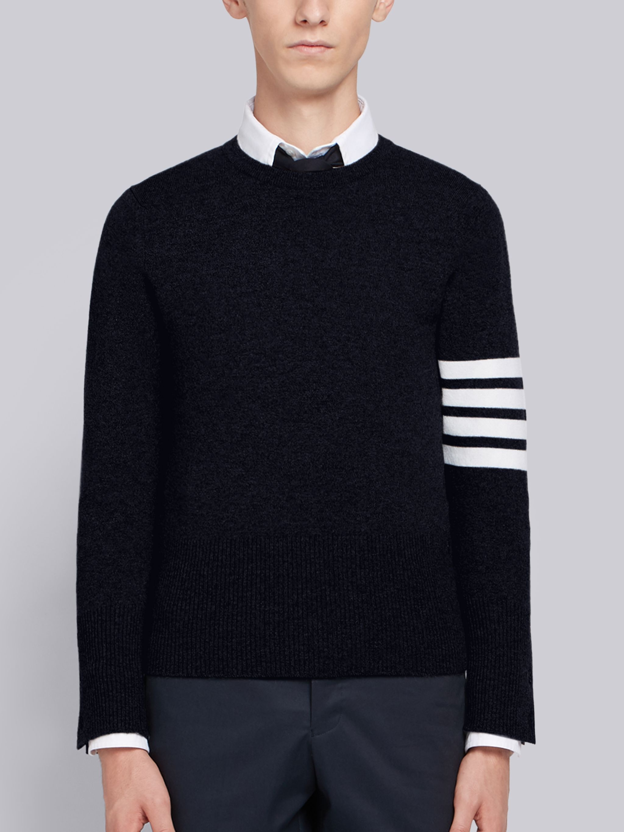 Navy Shetland Cashmere 4-Bar Crew Neck Jumper - 1