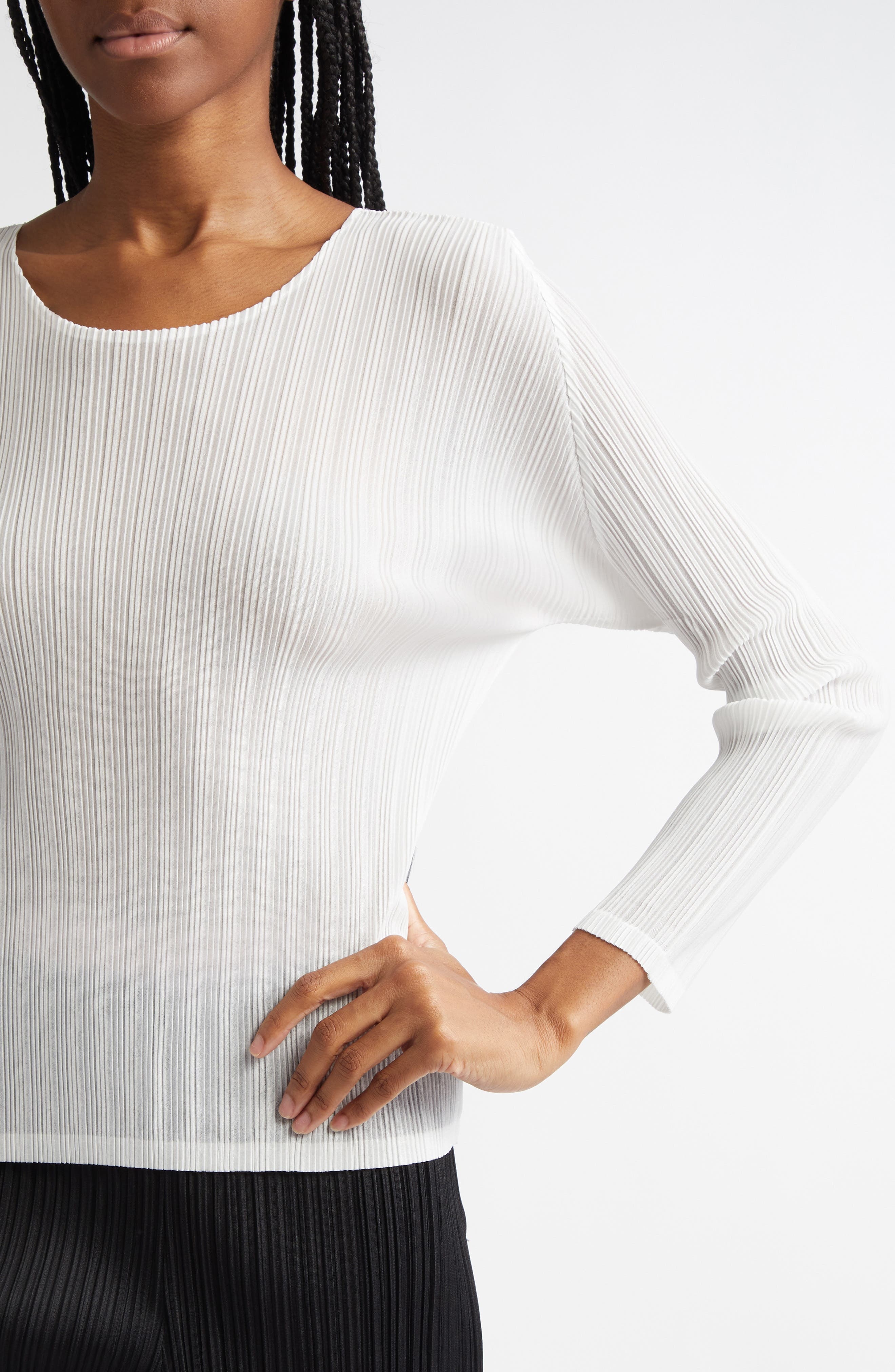 Pleats Please Issey Miyake Pleated Long Sleeve Top in White at Nordstrom - 4