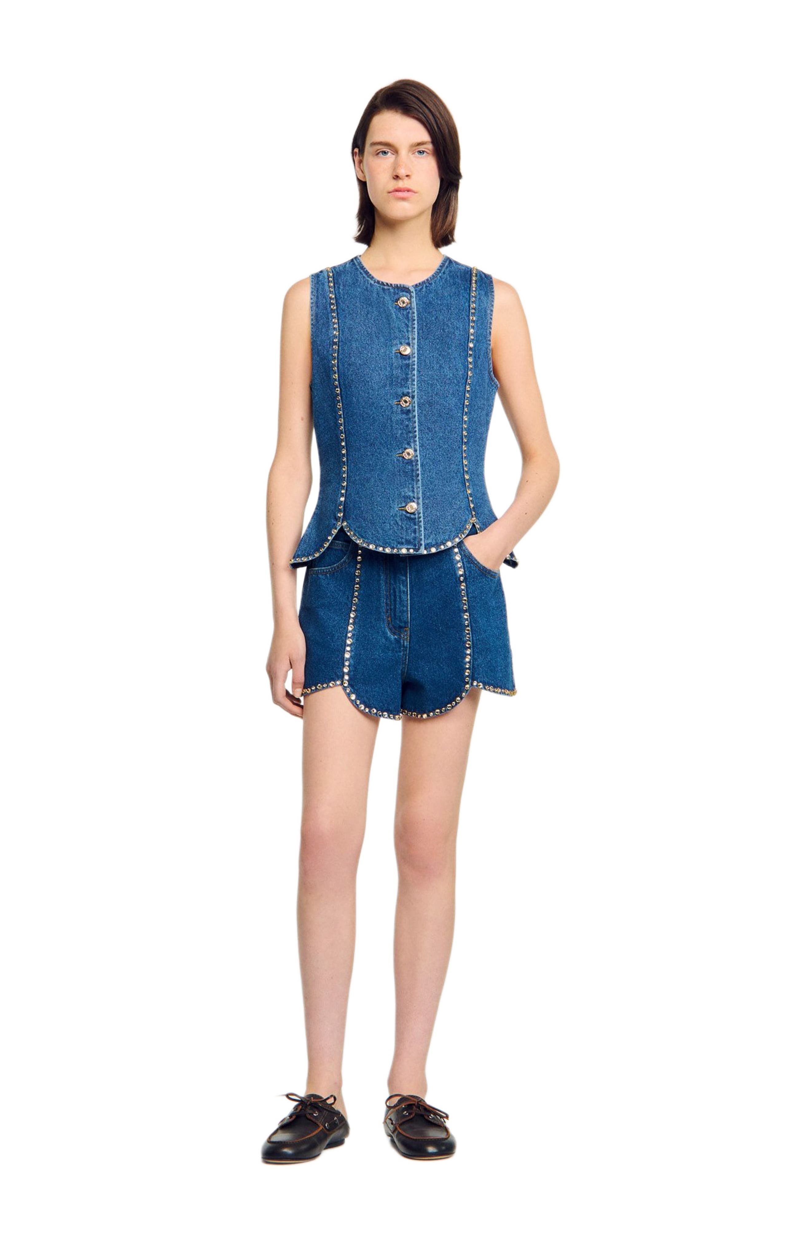 SANDRO Rhinestone denim top in Blue Jean at Nordstrom - 6