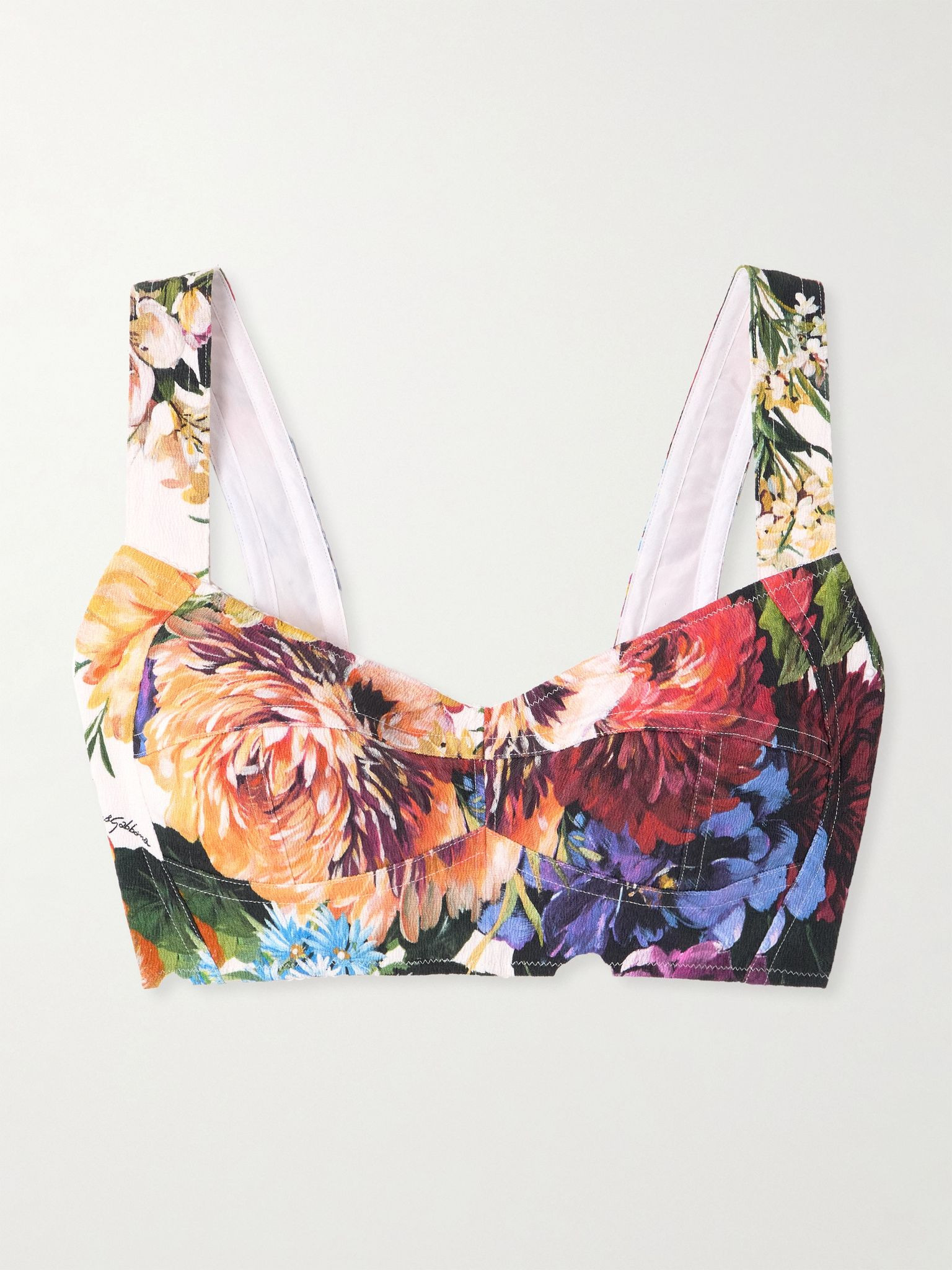 Cropped poplin-trimmed floral-print crepon bustier top White - 1