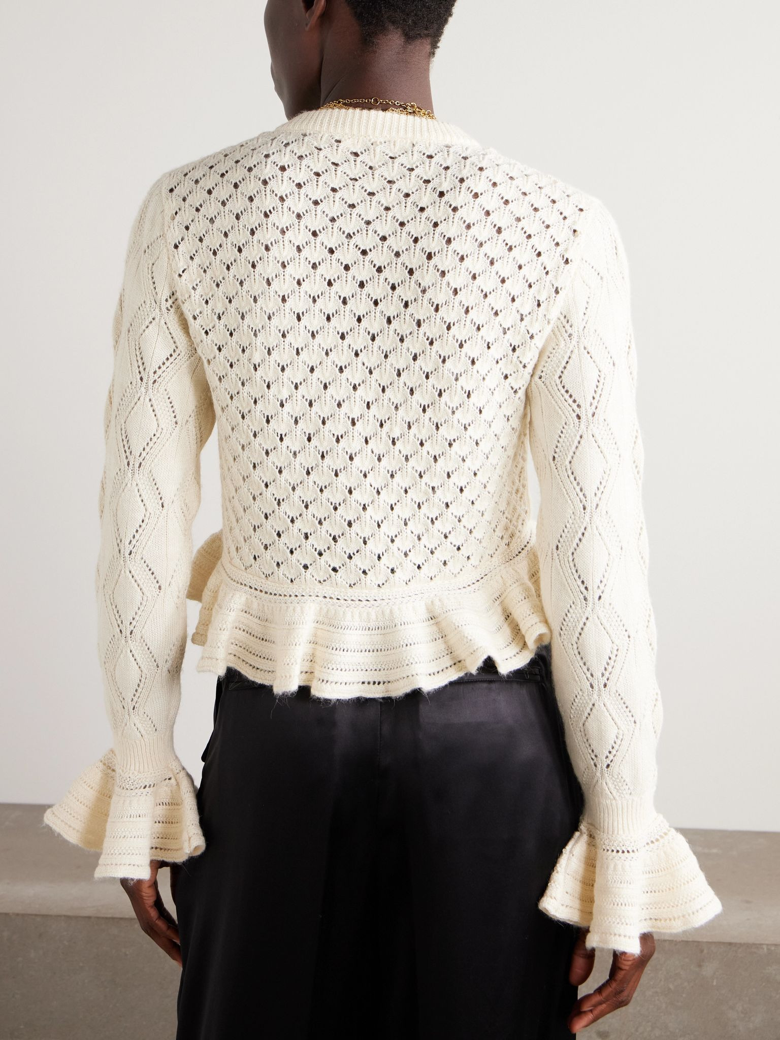 Cropped ruffled pointelle-knit cotton, alpaca and silk-blend cardigan Cream - 3