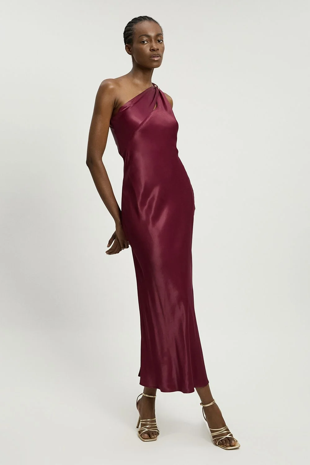 Satin Viscose Trim Detail One Shoulder Maxi Dress - 1