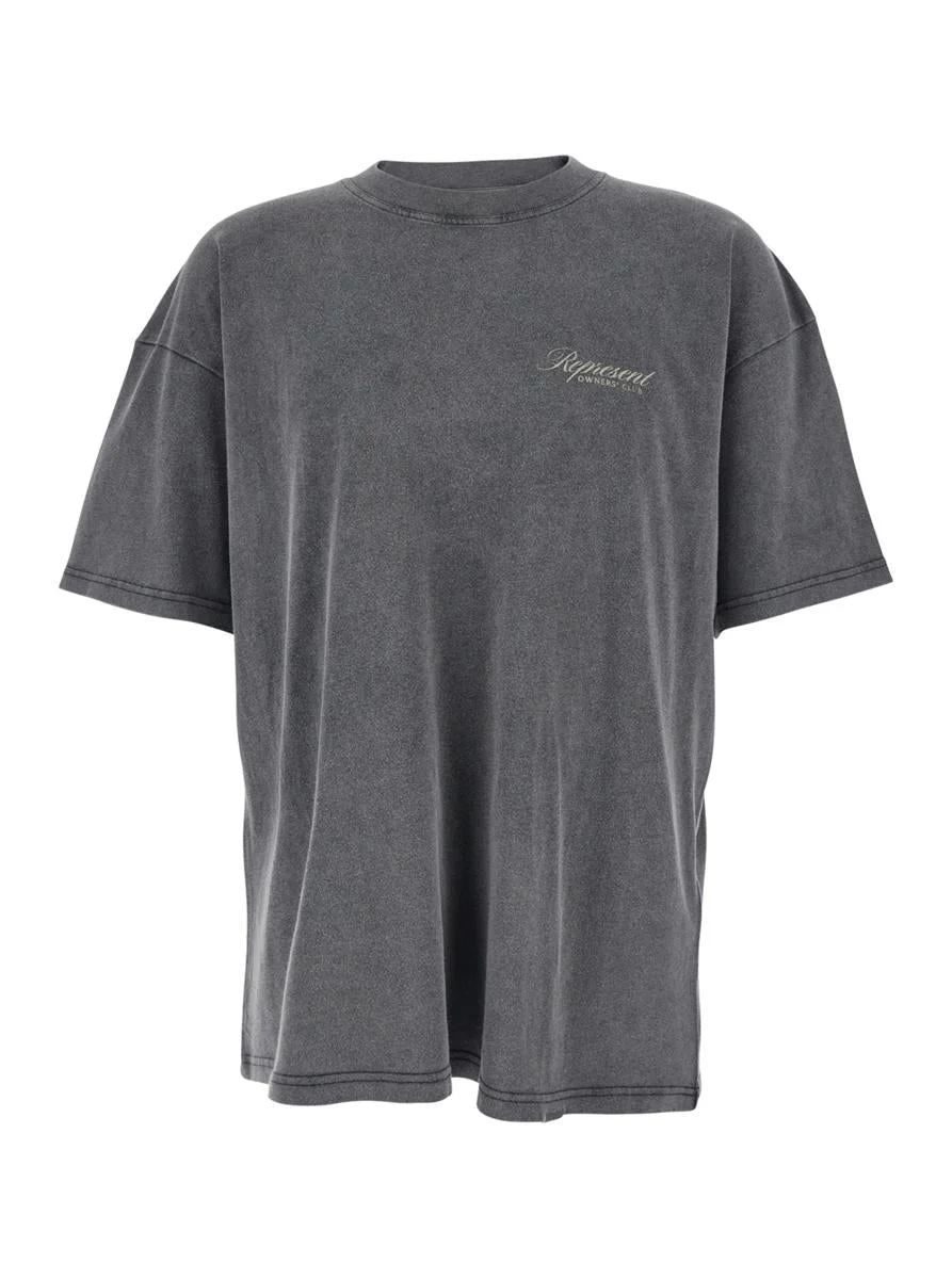 Represent Grey Crew Neck T-Shirt With Logo On Front And Back And Faded Effect In Cotton Man - 1