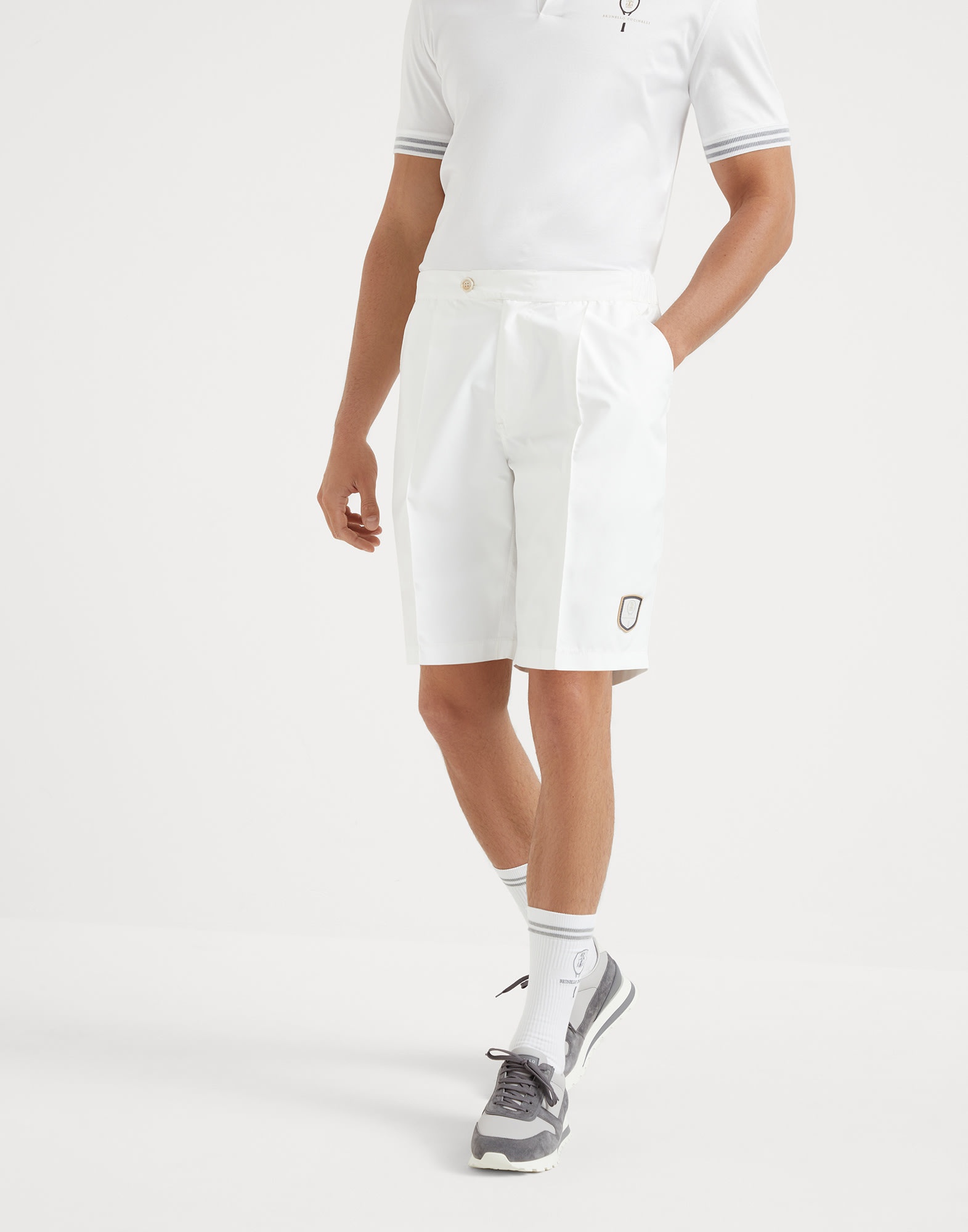 Nylon pleated Bermuda shorts with tabbed waistband and tennis badge - 1