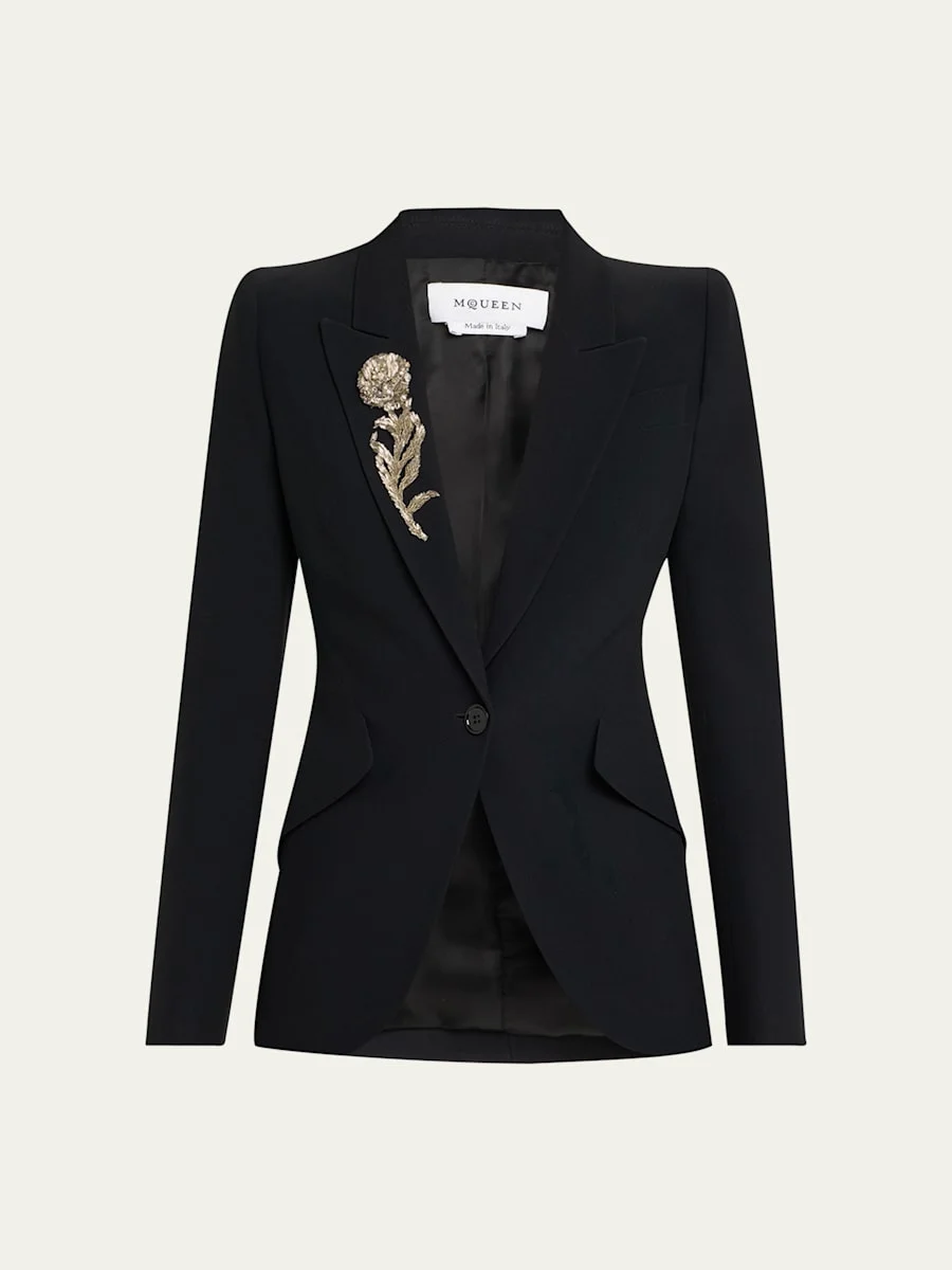 Crystal Rose Embroidered Single-Breasted Blazer - 1