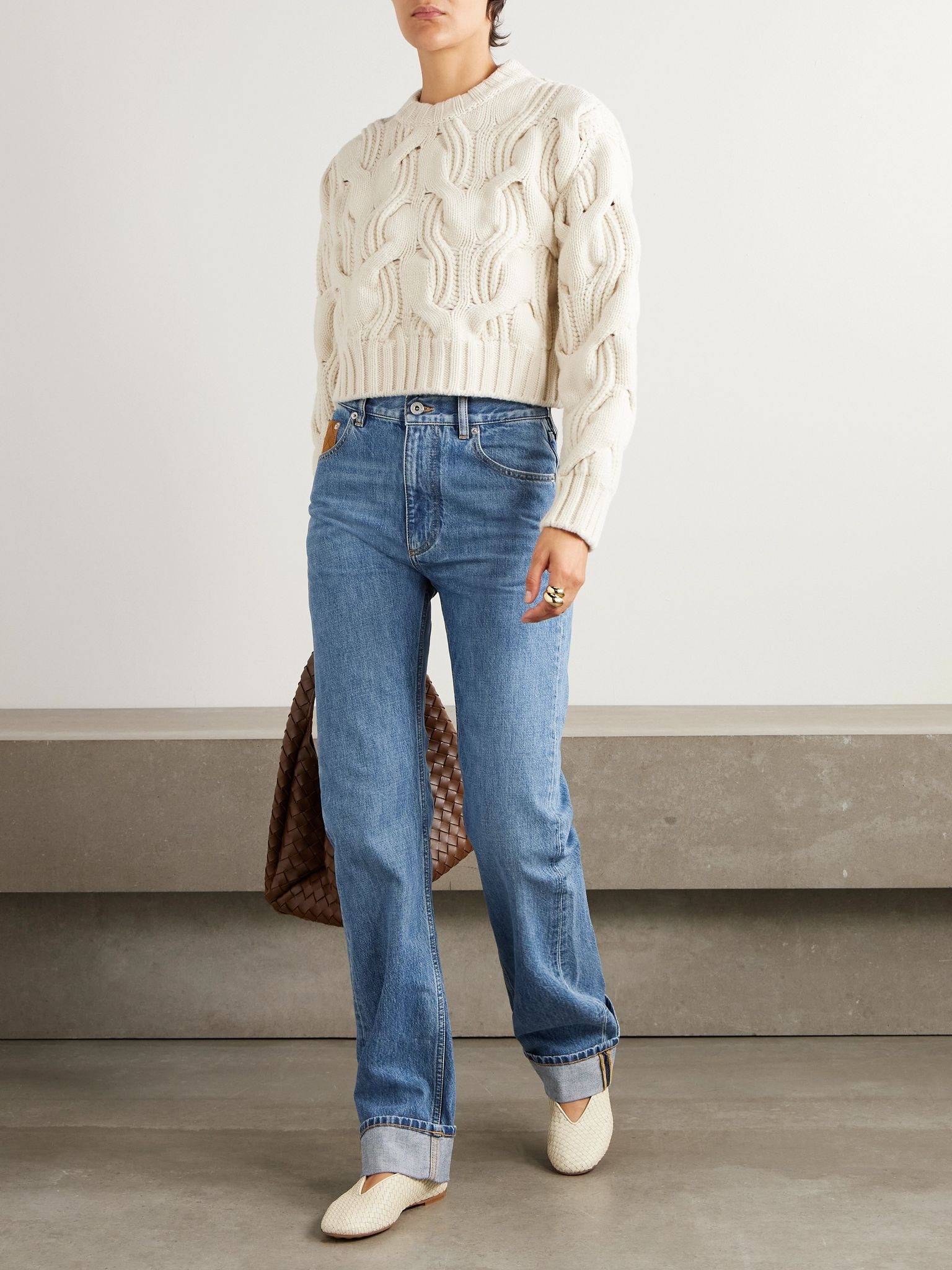 Suede-trimmed high-rise straight-leg organic jeans Blue - 2