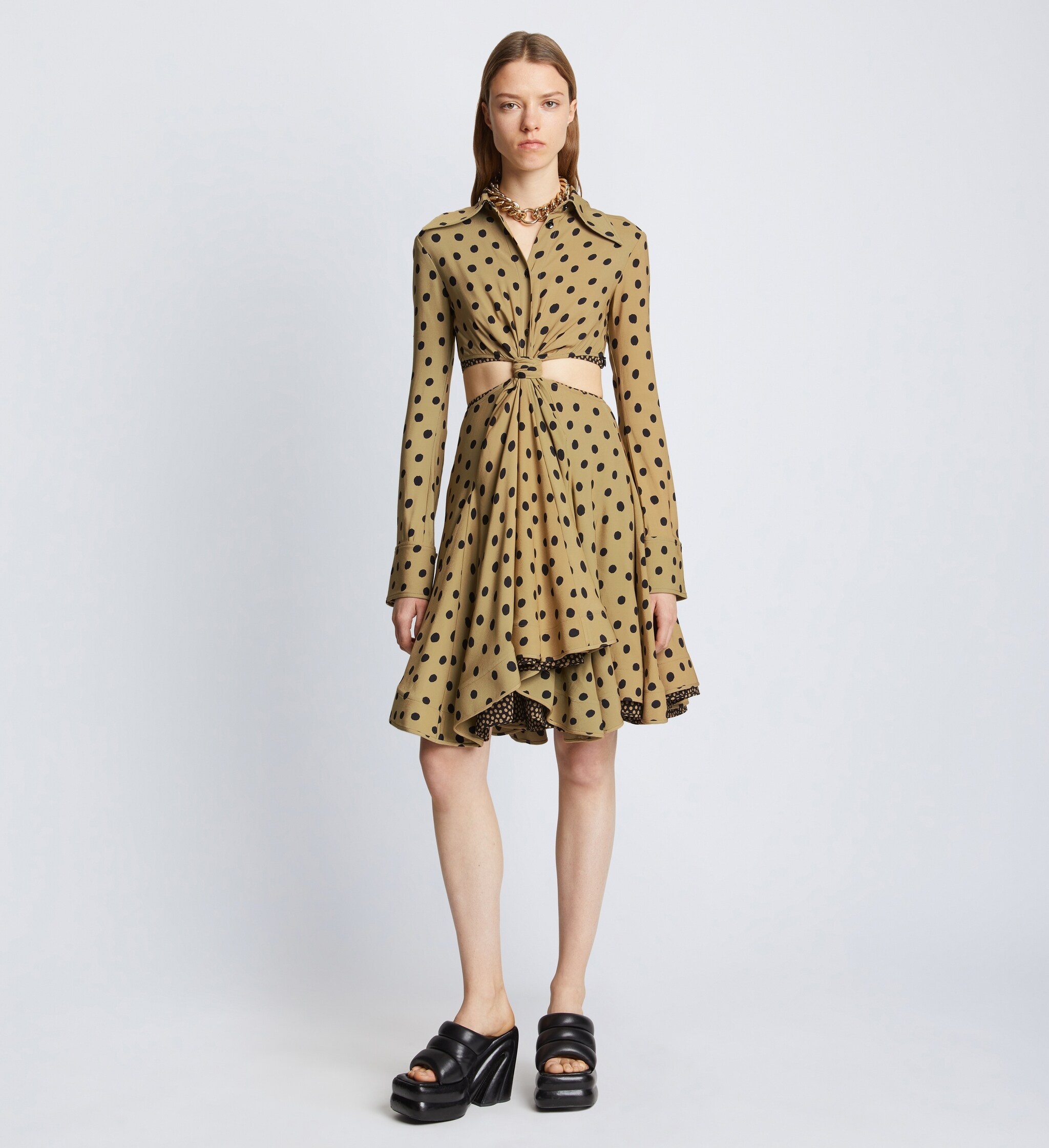 Printed Dot Cut Out Shirt Dress - 2