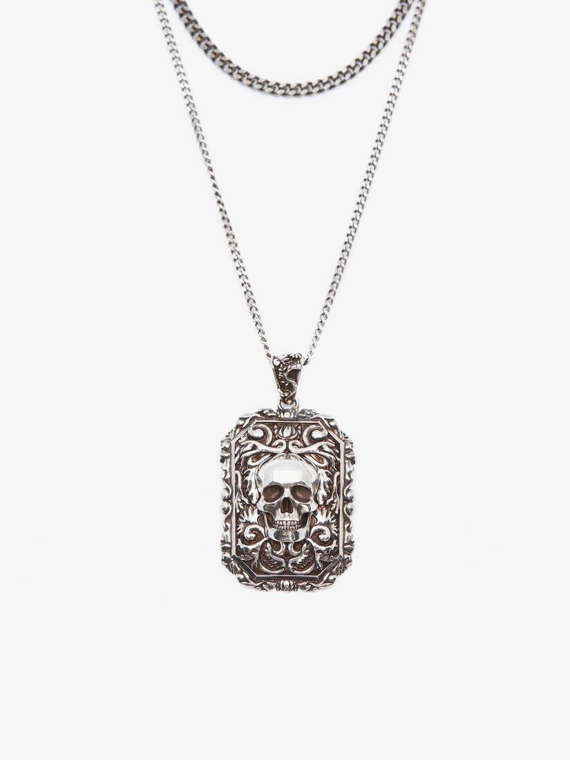 Engraved Skull Necklace in Antique Silver - 2