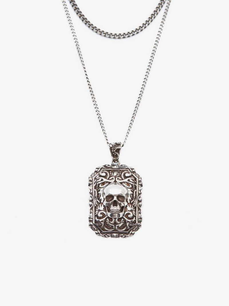 Alexander McQueen Engraved Skull Necklace in Antique Silver outlook