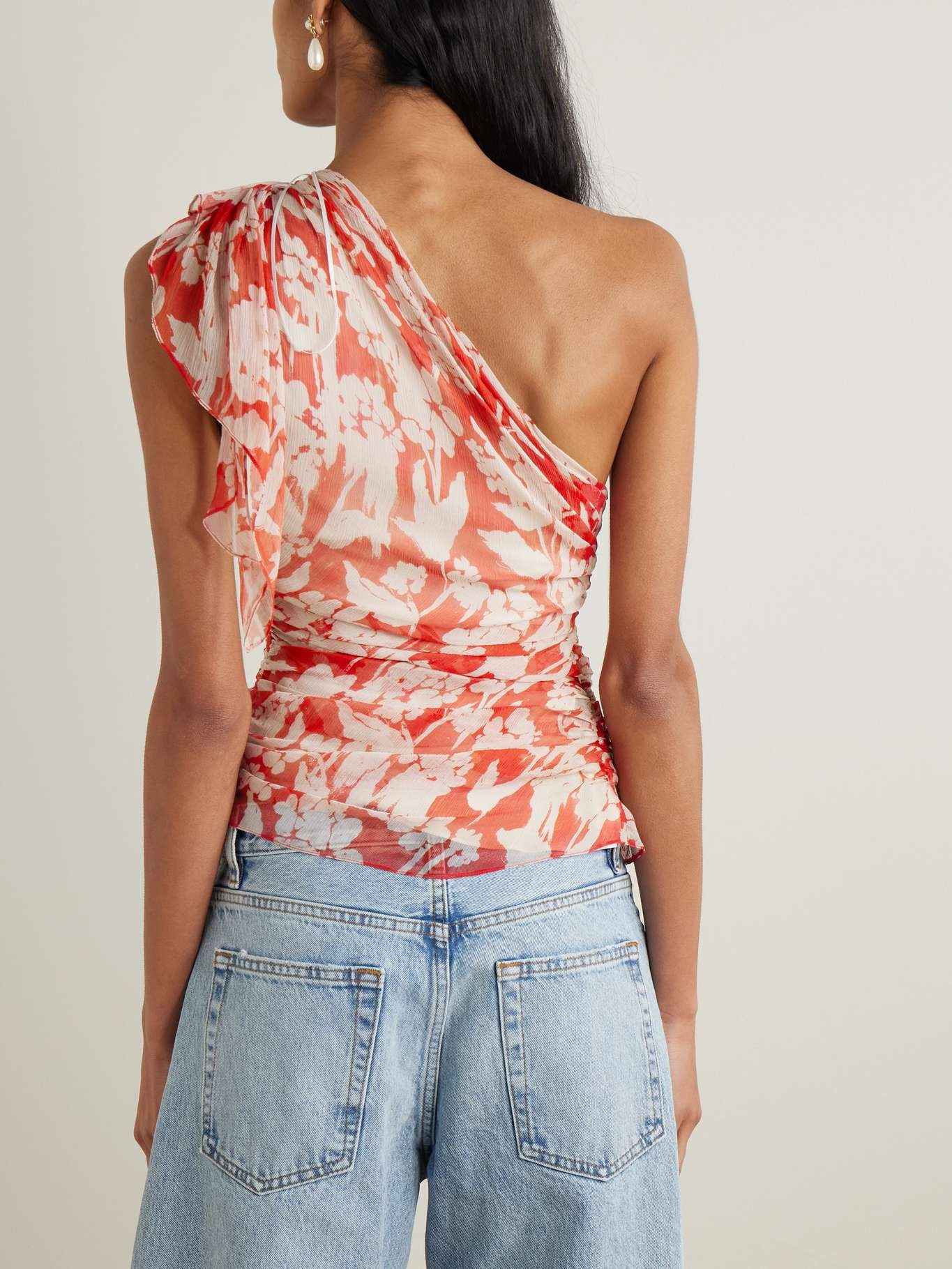 One-shoulder draped floral-print silk-georgette top Red - 3