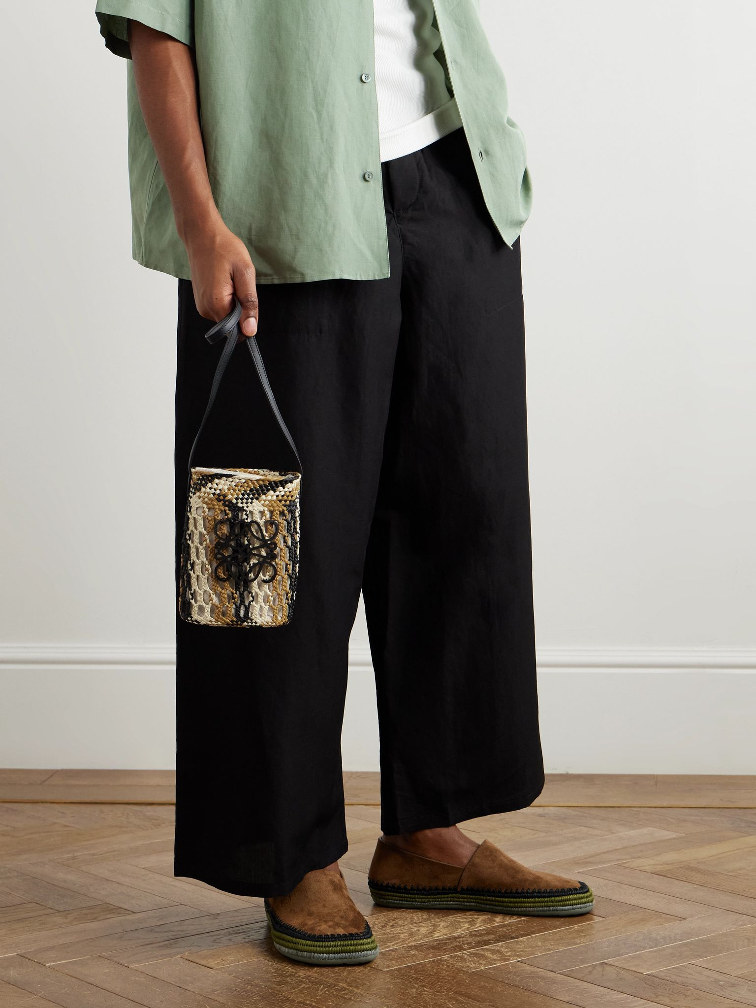 + Paula's Ibiza Leather-Trimmed Striped Raffia Bucket Bag Neutral - 2