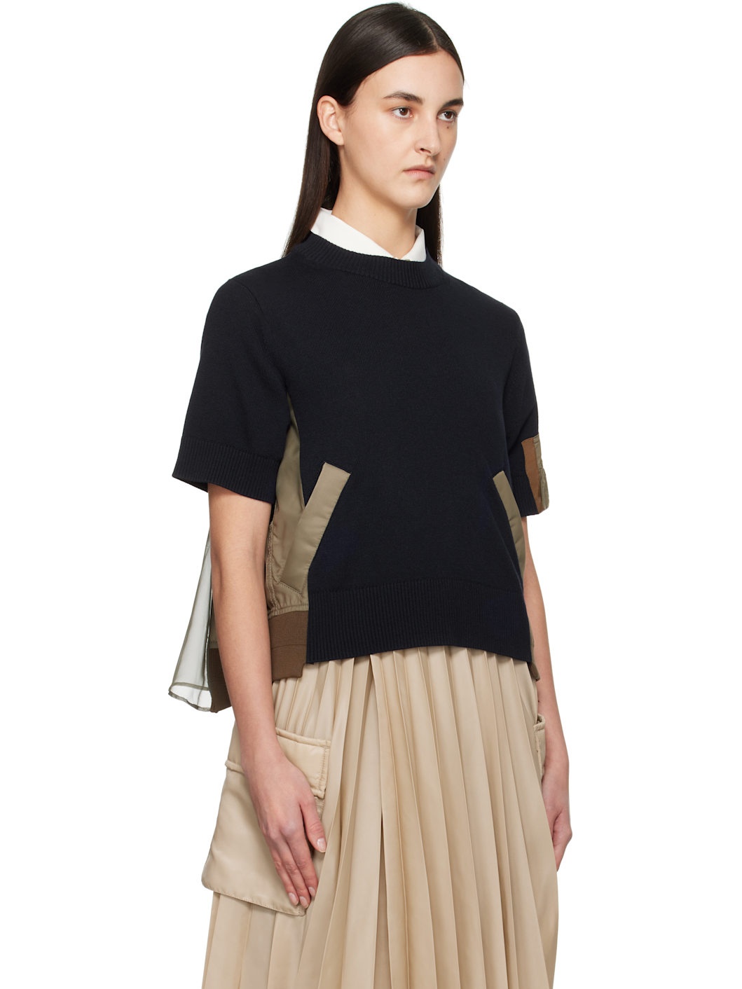 Navy & Khaki Nylon Twill x Knit Sweater - 2