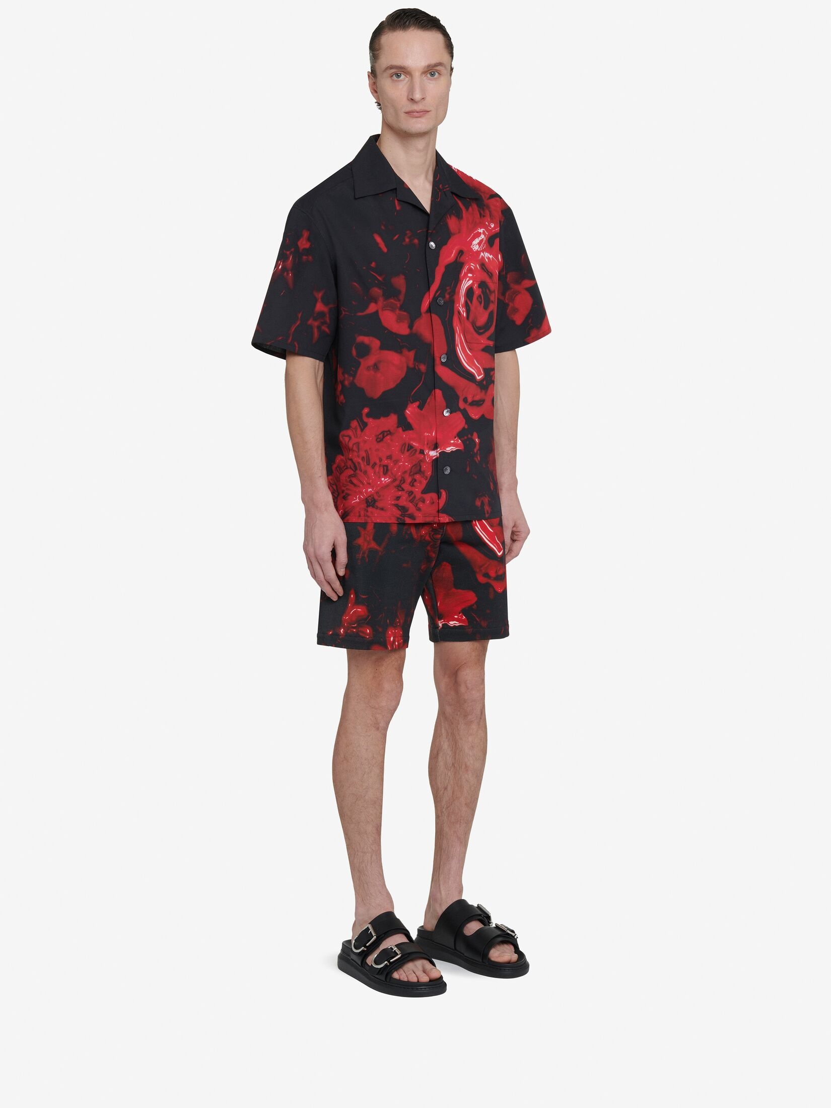 Men's Wax Flower Hawaiian Shirt in Black/red - 3