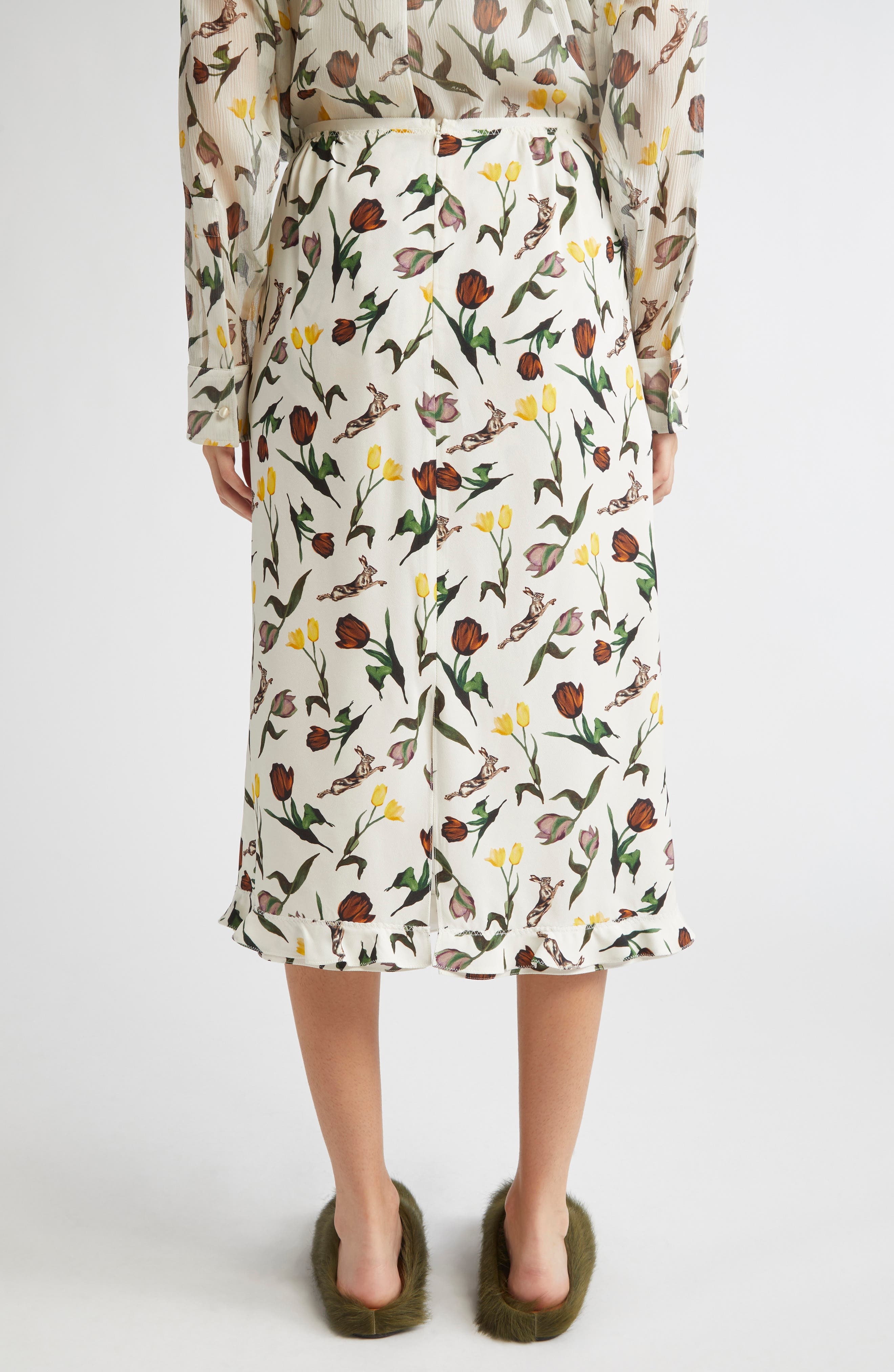 Marni Tulips & Hares Ruffle Hem Crepe Back Satin Midi Skirt in Limestone at Nordstrom - 3