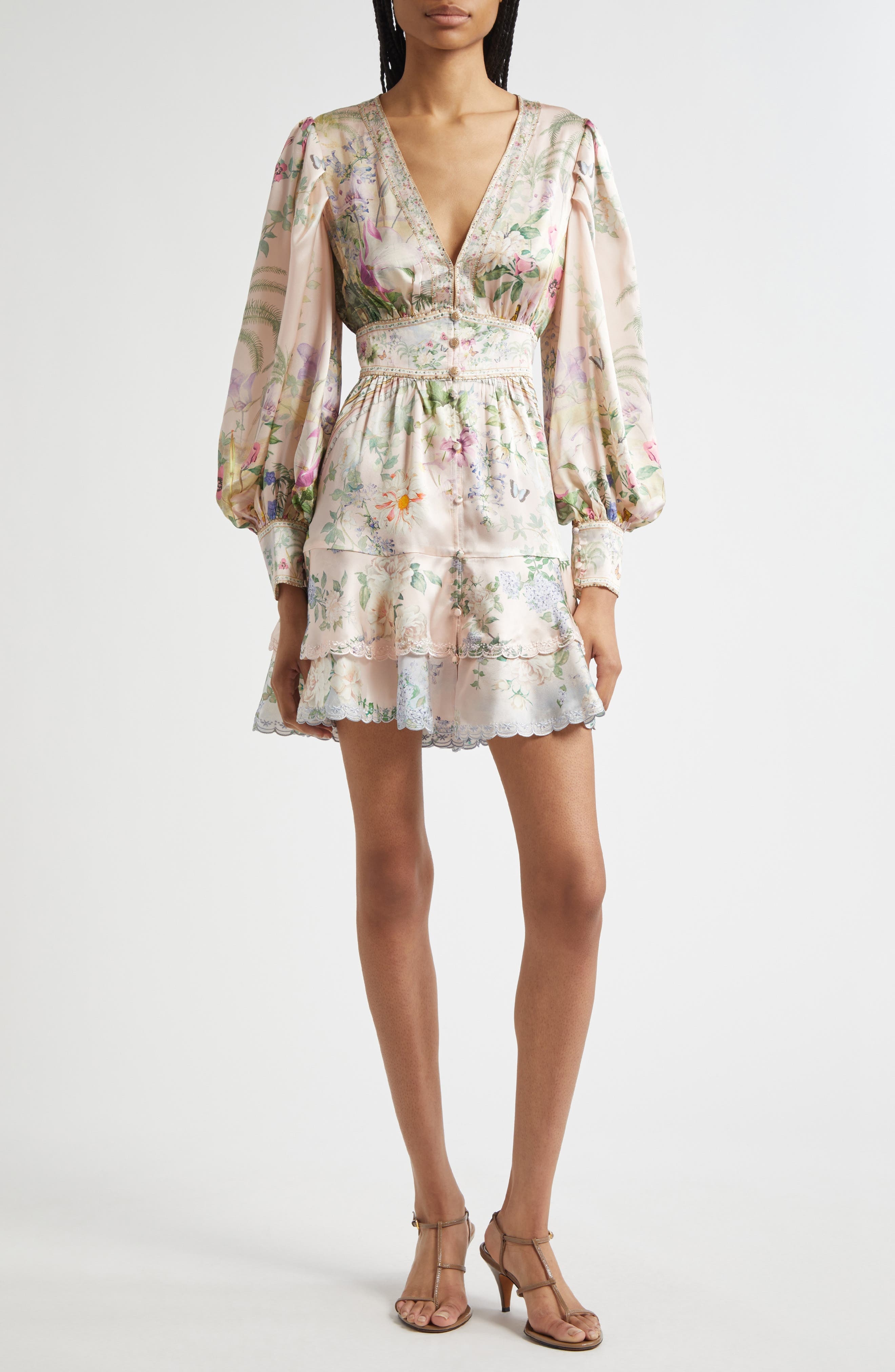 Camilla Button Front Long Sleeve Silk Charmeuse Minidress in Palacio Playground at Nordstrom - 1