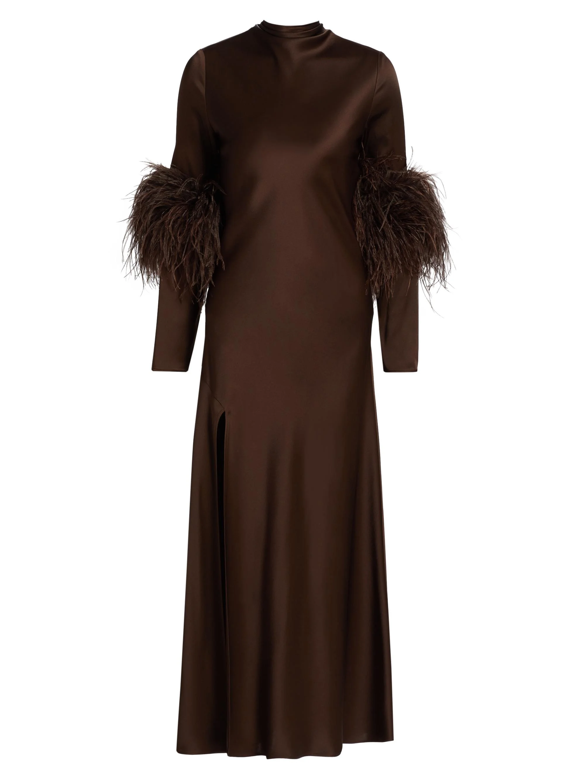 Women's Satin Feather-Cuff Draped Gown - Dark Brown - 1