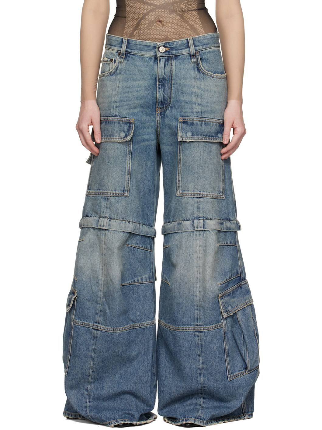 Blue Flared Cargo Jeans - 1