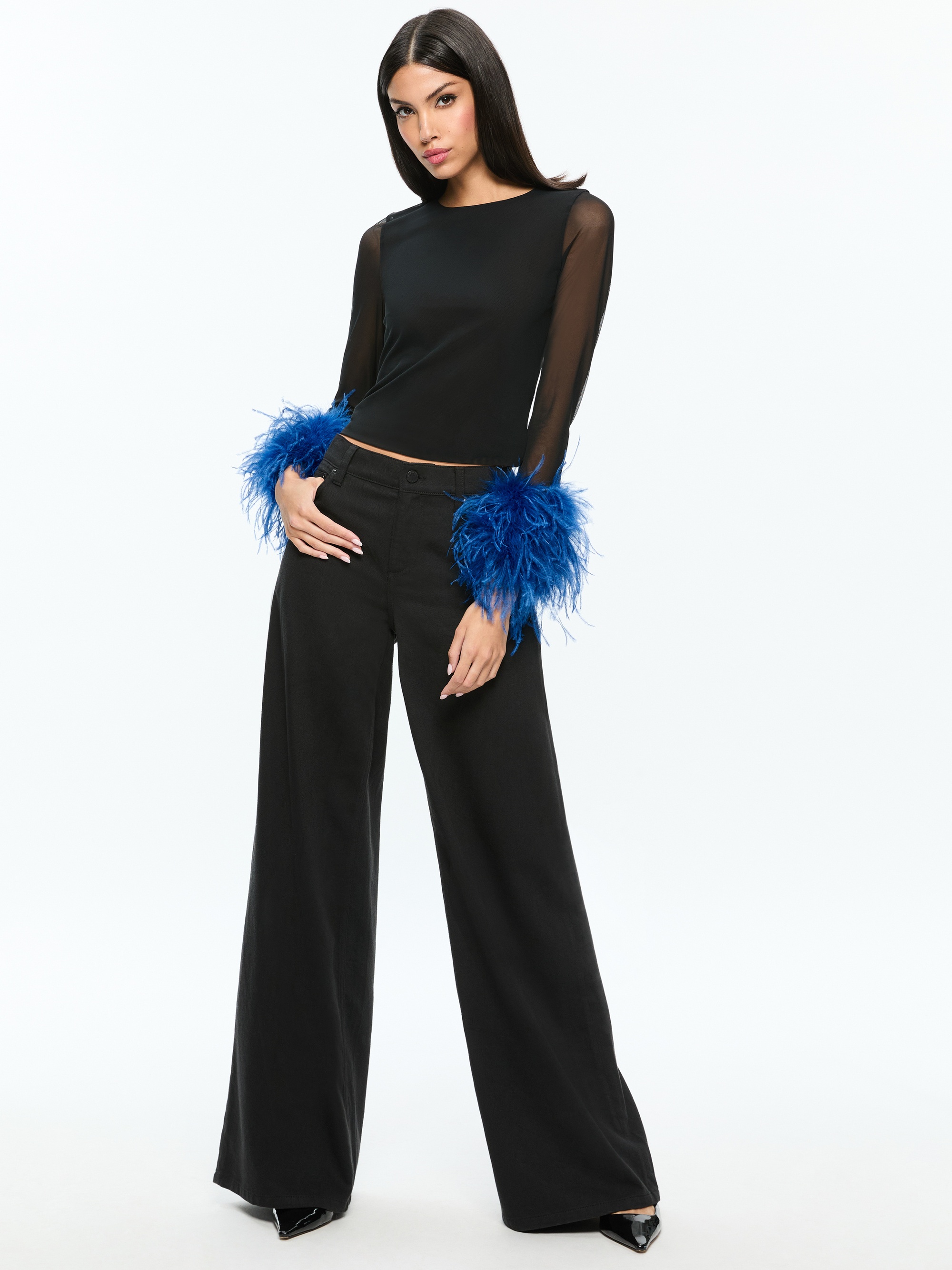 DELAINA MESH FEATHER CUFFED LONG SLEEVE TOP - 6