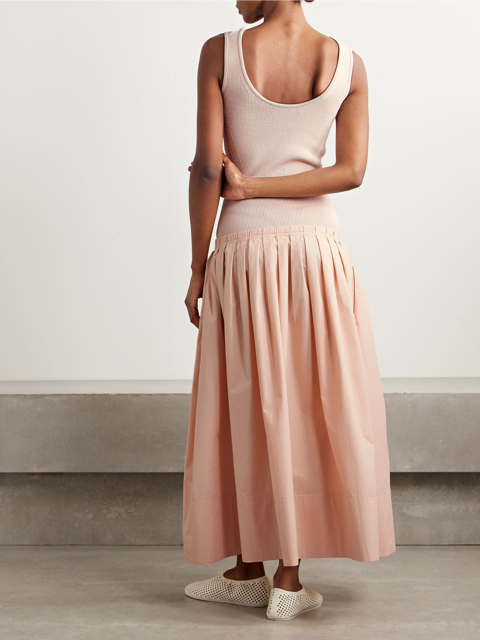 Gene pointelle-knit silk and cotton-blend and pleated cotton-poplin midi dress Blush - 3