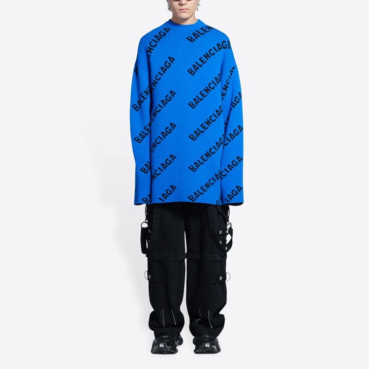 Balenciaga All Over Logo Crewneck Wool Knit Sweater 'Blue' 657400T15673964 - 2