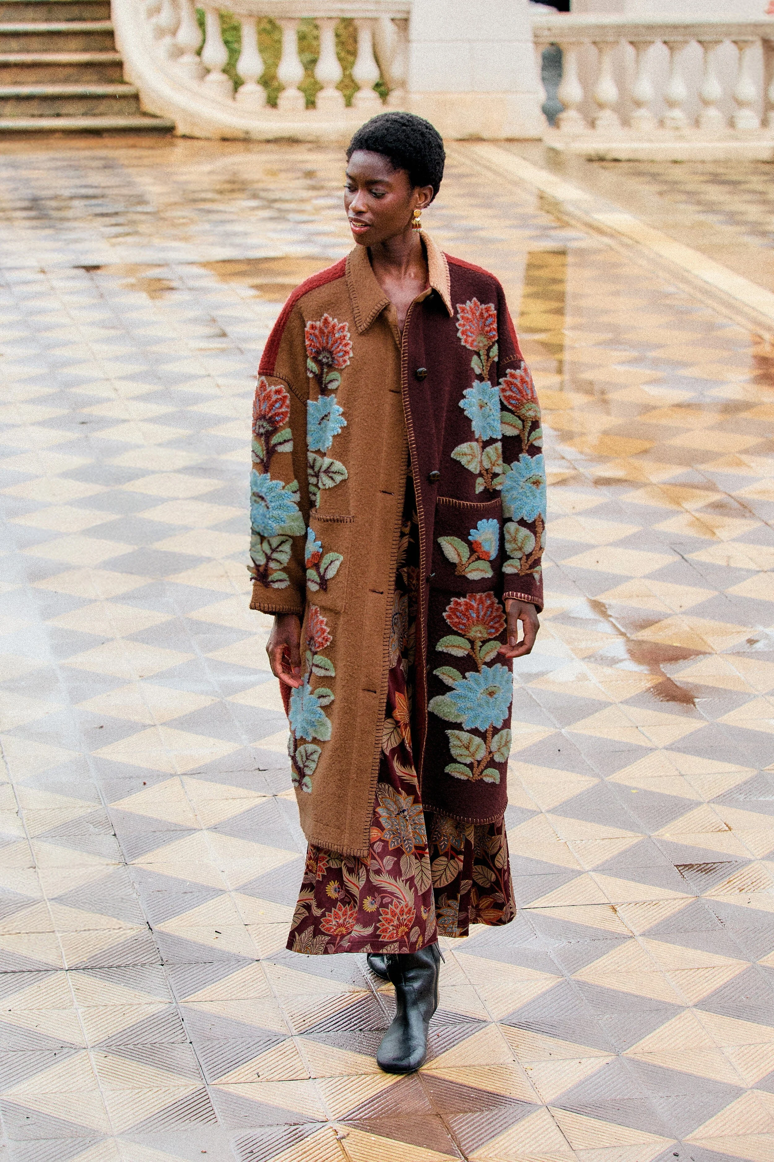 Mixed Delhi Floral Fleece Midi Coat - 1