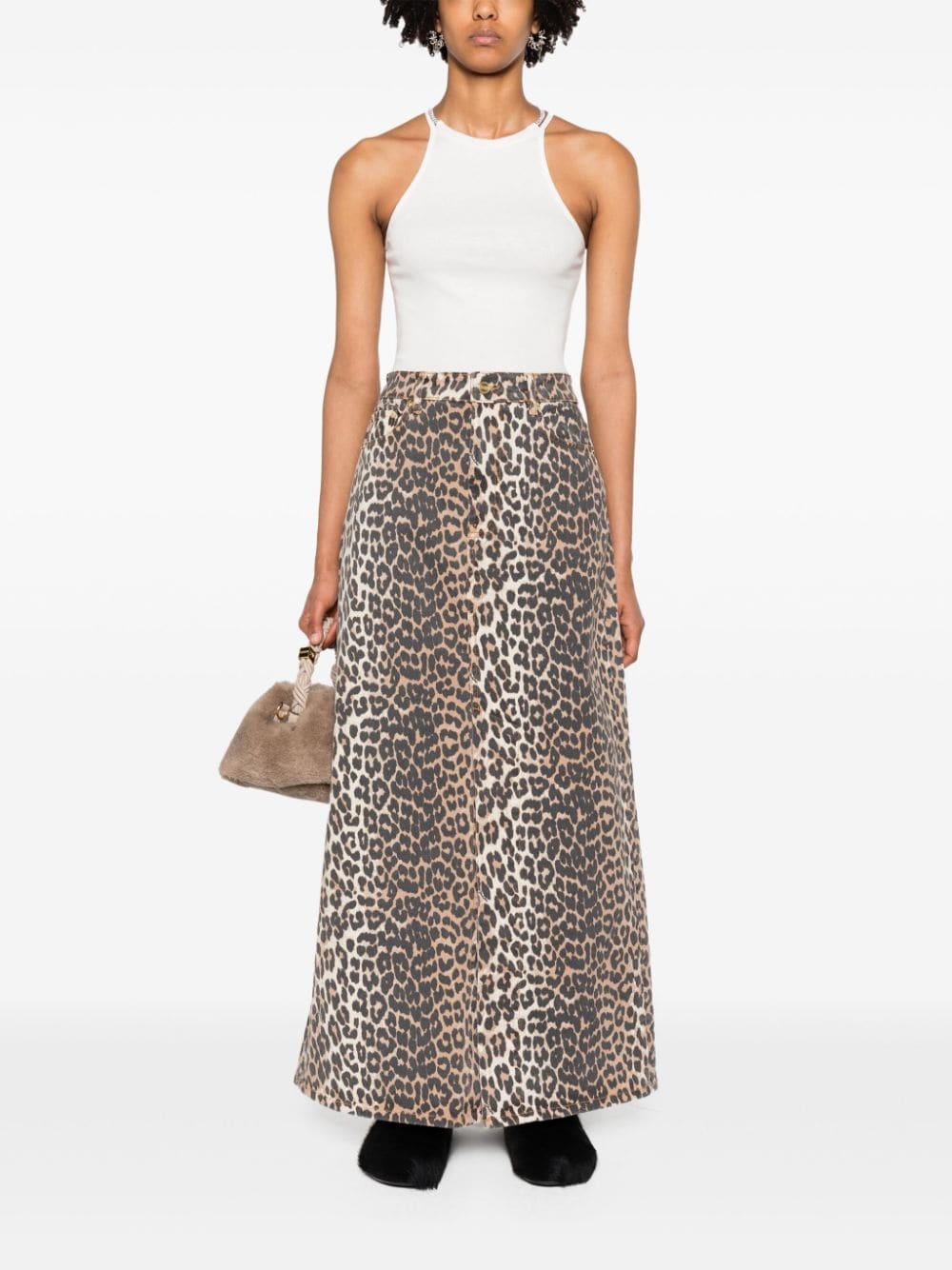 high-waisted leopard-print denim midi skirt - 2