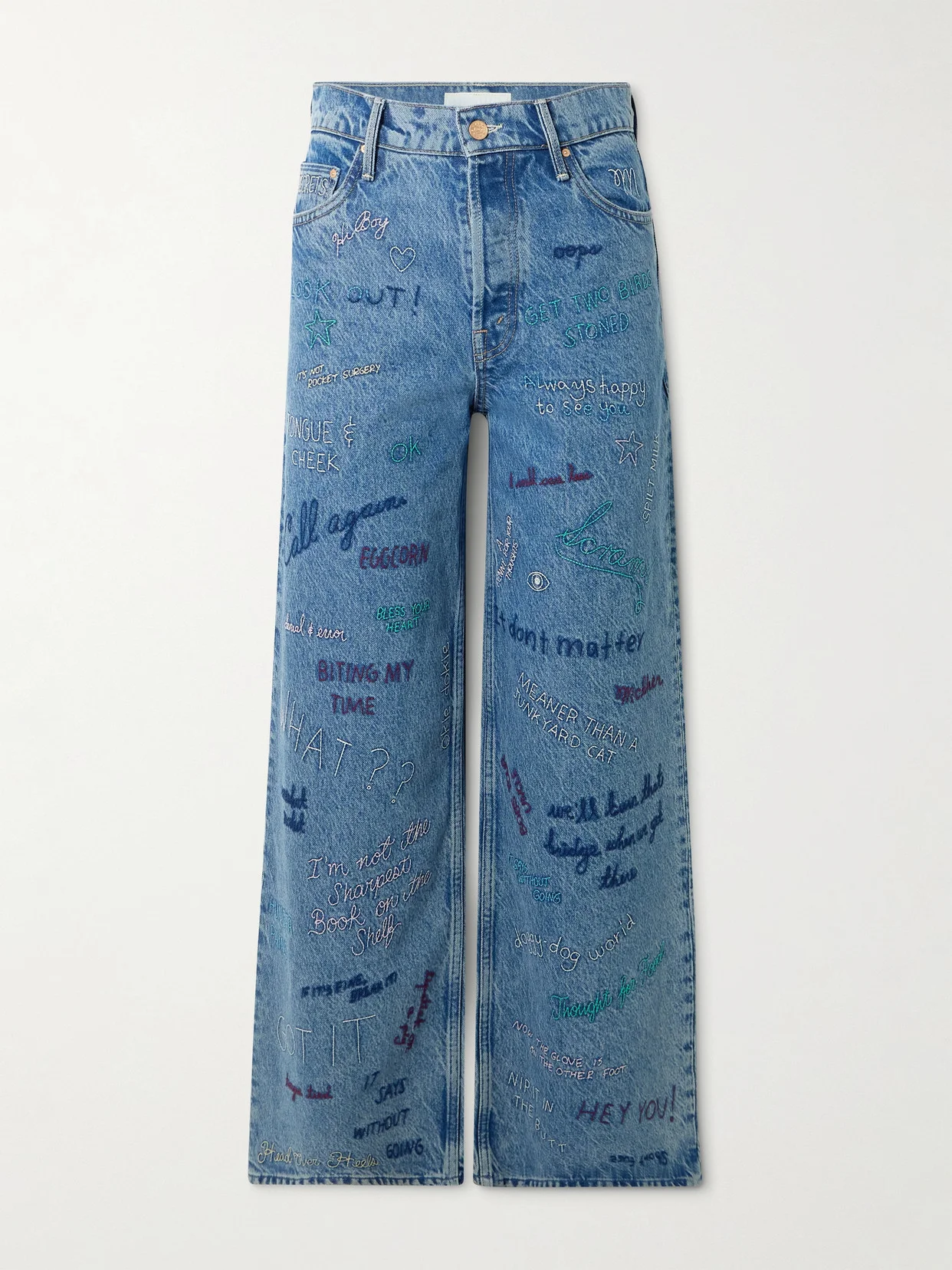 Double Dip Nerdy Embroidered Mid-rise Wide-leg Jeans - 1