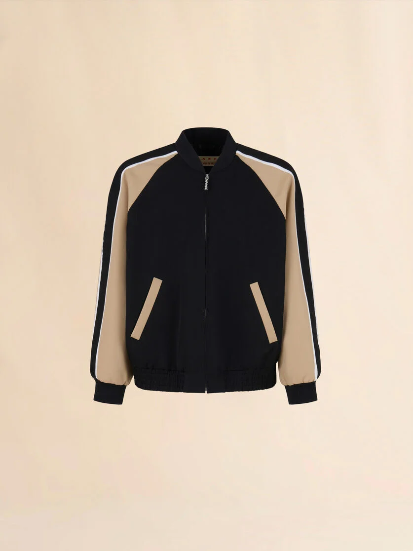 BLACK WOOL COLOUR-BLOCK BOMBER JACKET - 1