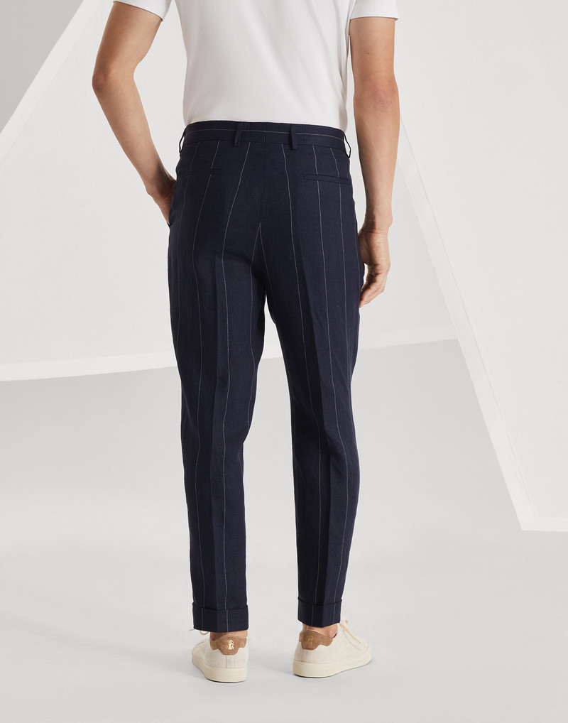Brunello Cucinelli Linen wide chalk stripe leisure fit trousers with pleat outlook