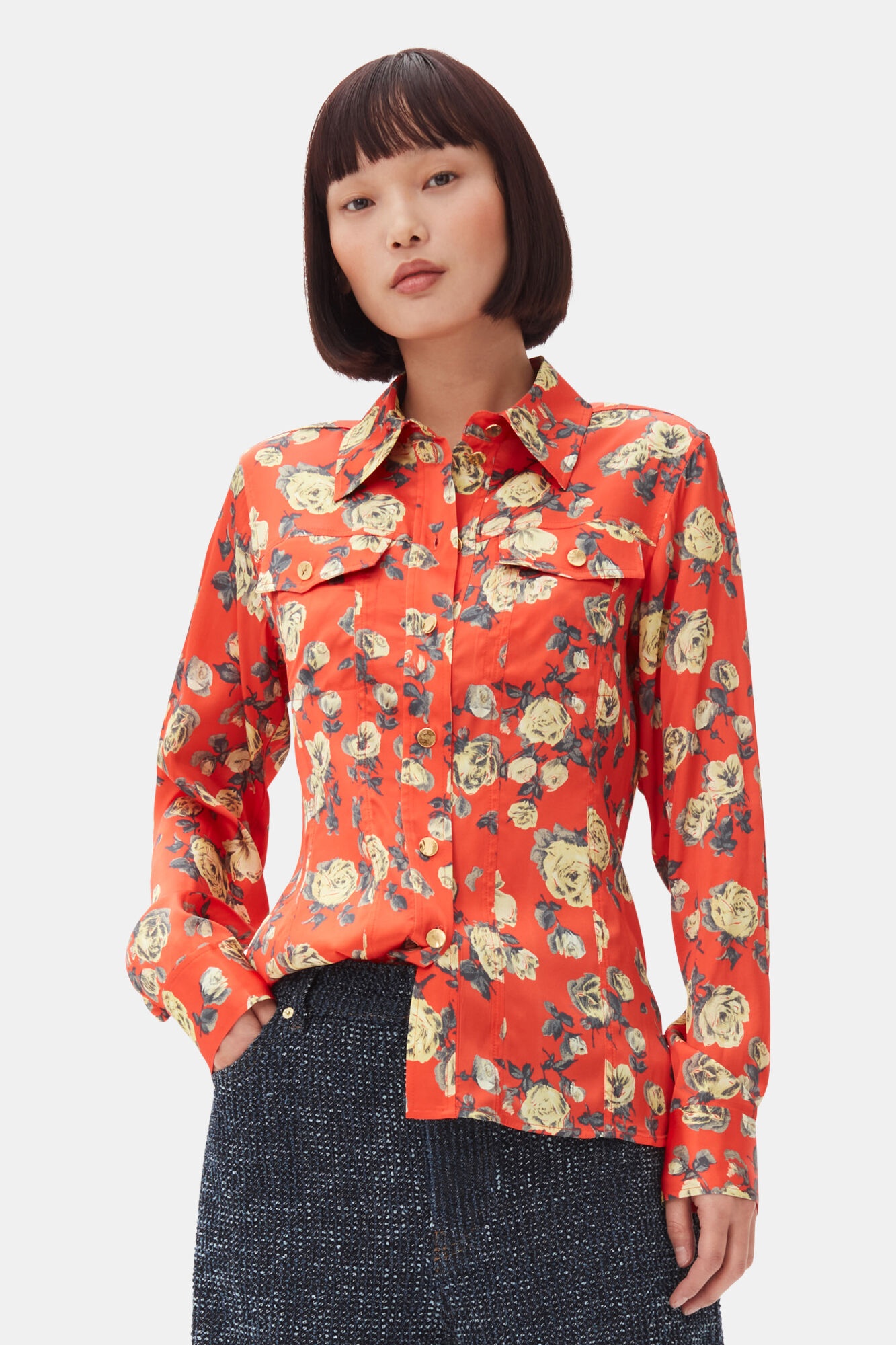 ORANGE FLORAL PRINTED SATIN SHIRT - 2