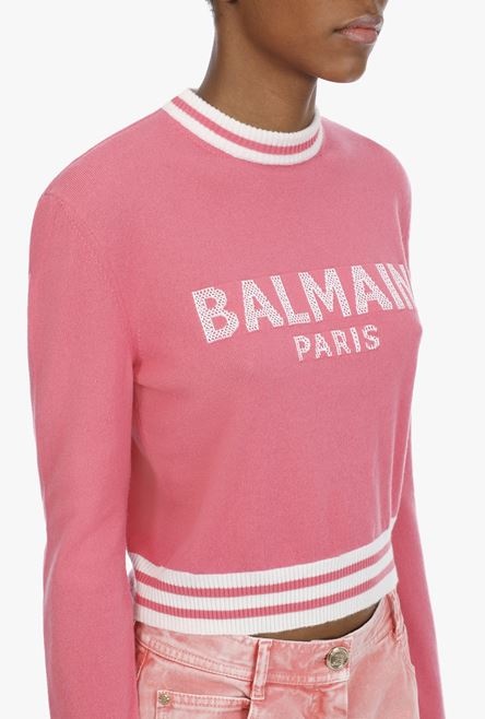 Cropped pink wool and cashmere sweatshirt with white Balmain logo - 8
