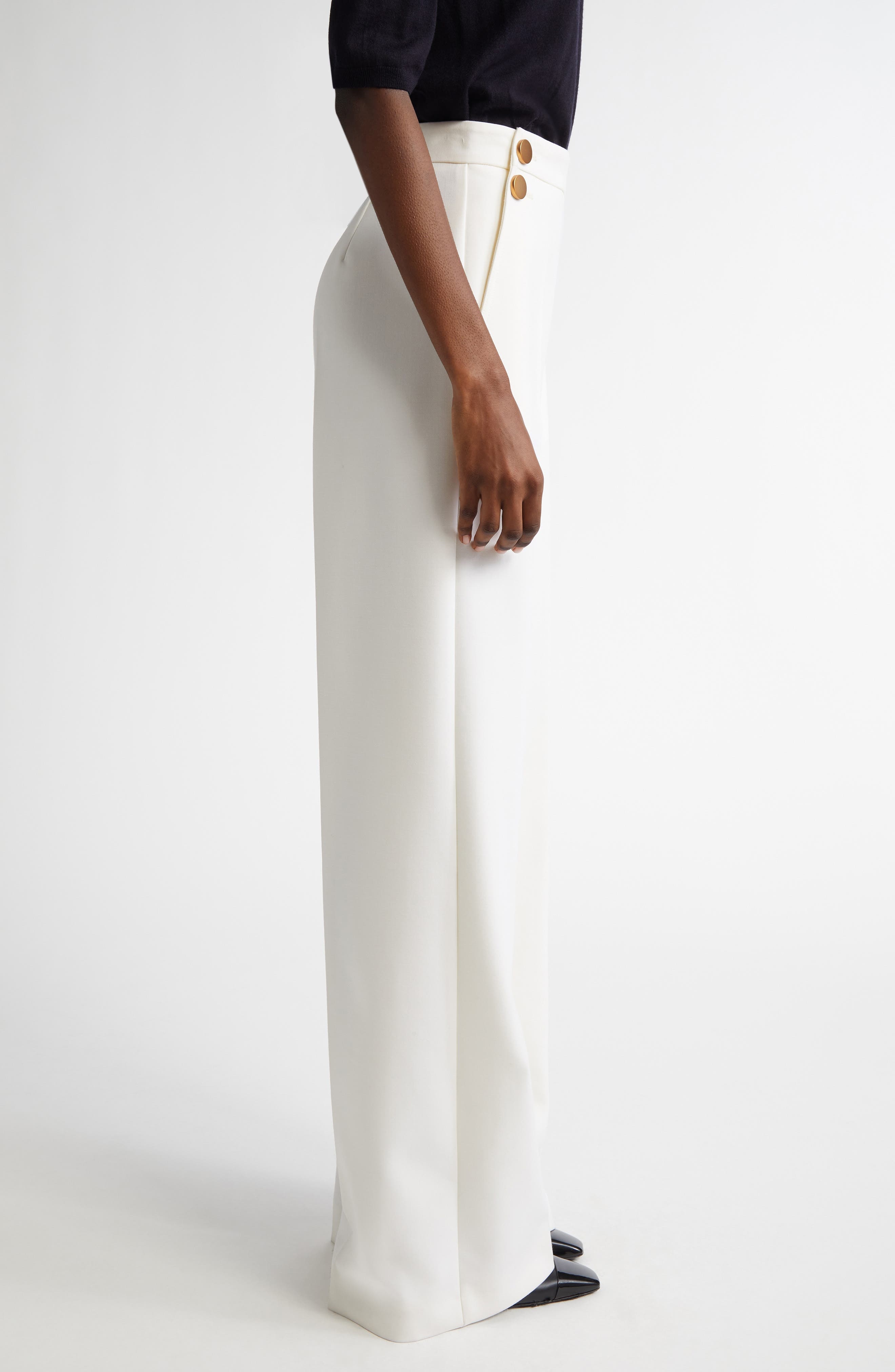 Max Mara Polonia Wide Leg Stretch Virgin Wool Canvas Pants in White at Nordstrom - 4