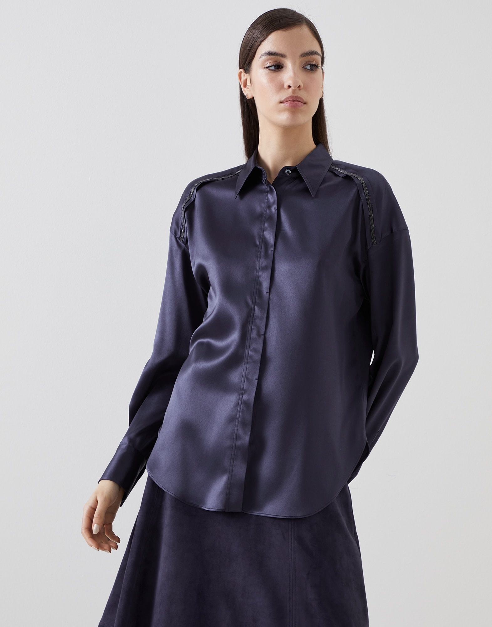 Stretch silk satin shirt with shiny trims - 1