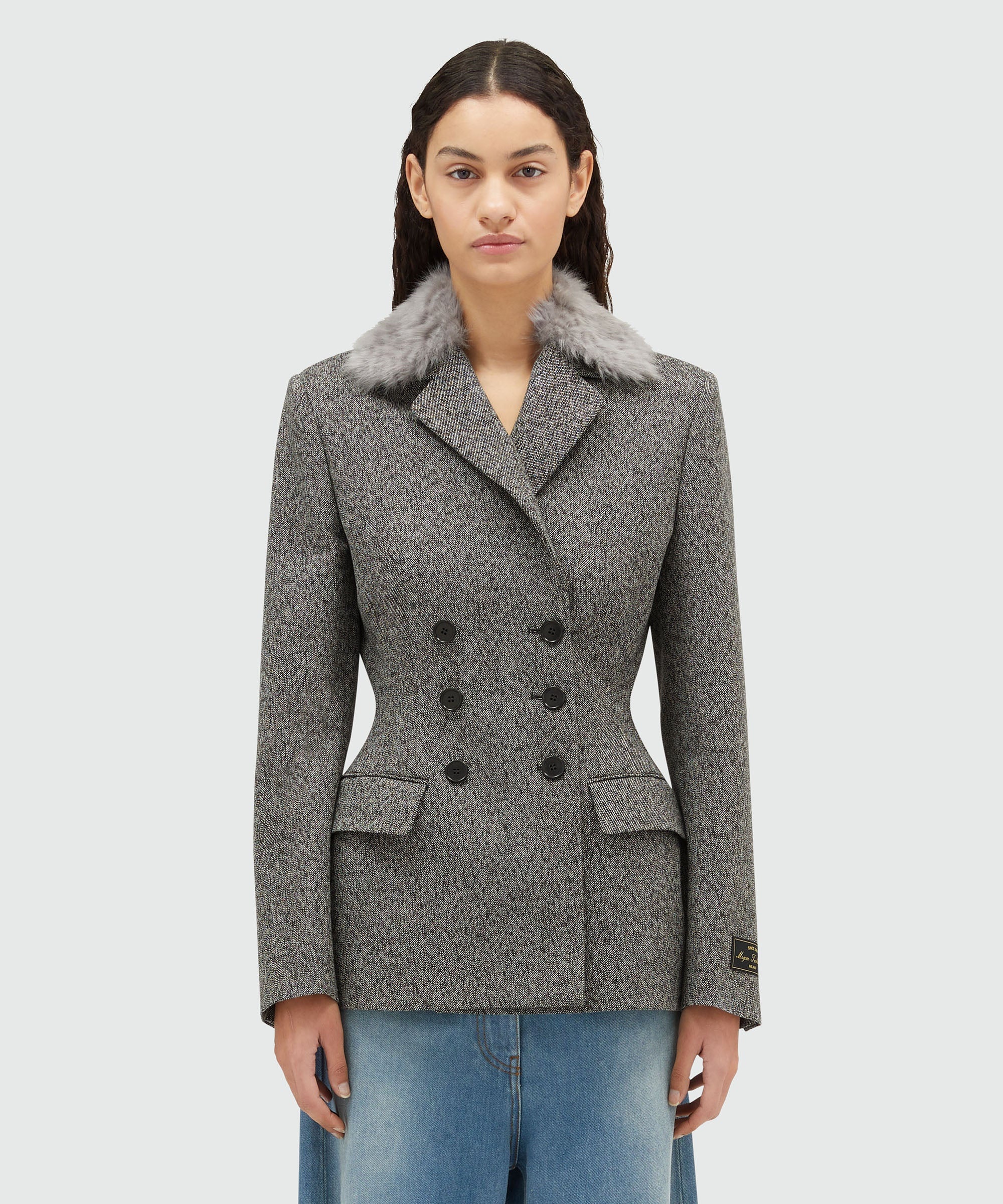 Salt and pepper blended wool jacket with faux-fur - 2
