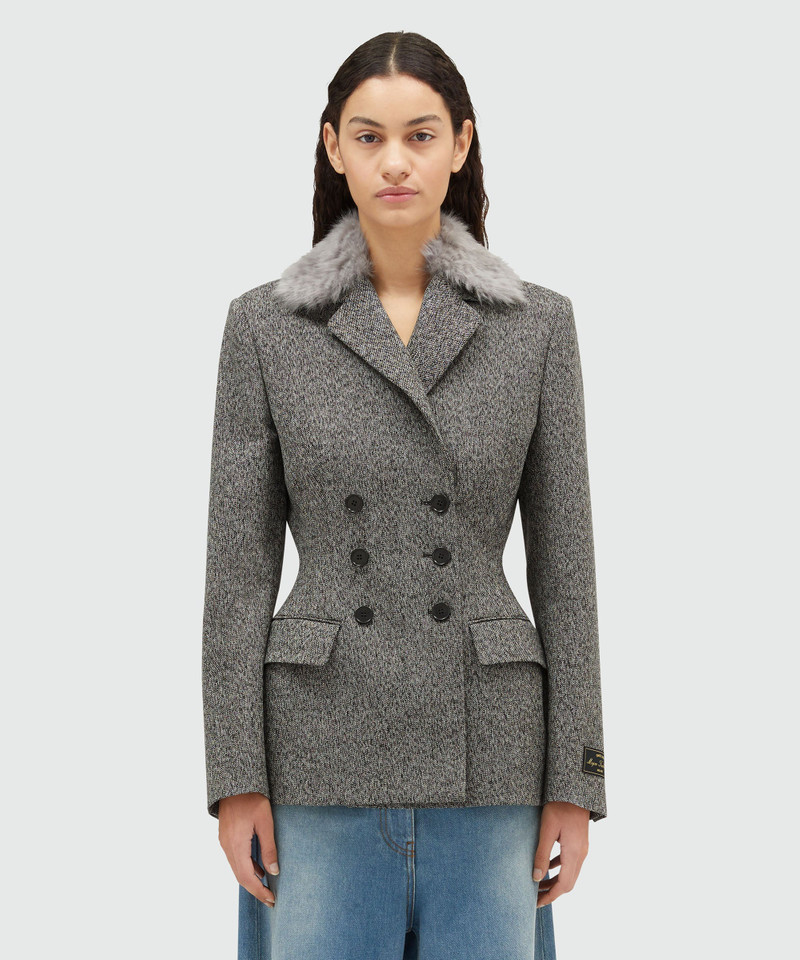 MSGM Salt and pepper blended wool jacket with faux-fur outlook