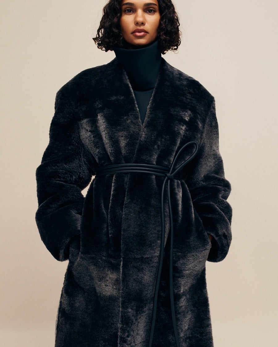 Shearling Lapelless Overcoat - 5