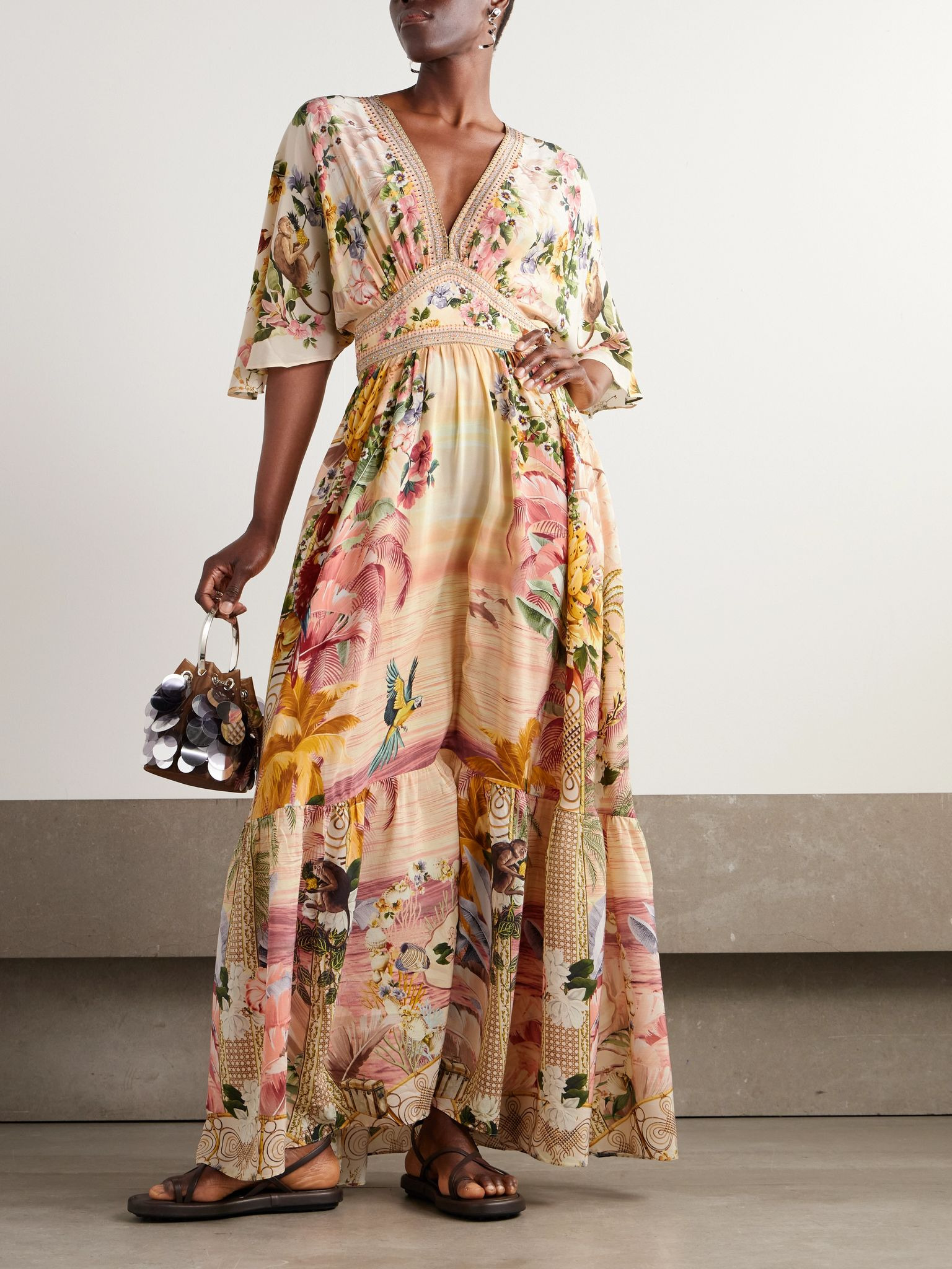 + The White Lotus crystal-embellished printed silk-satin maxi dress Pink - 2