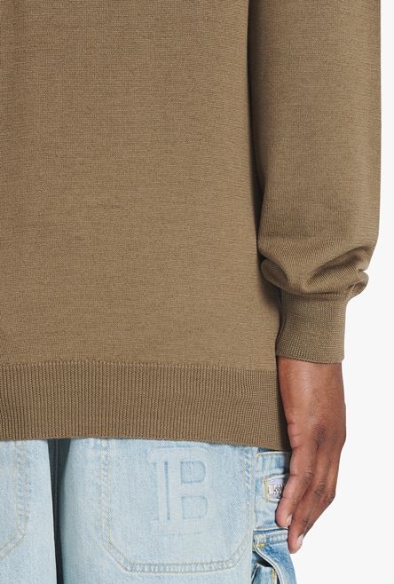Taupe wool sweater with ecru Balmain Paris logo - 8